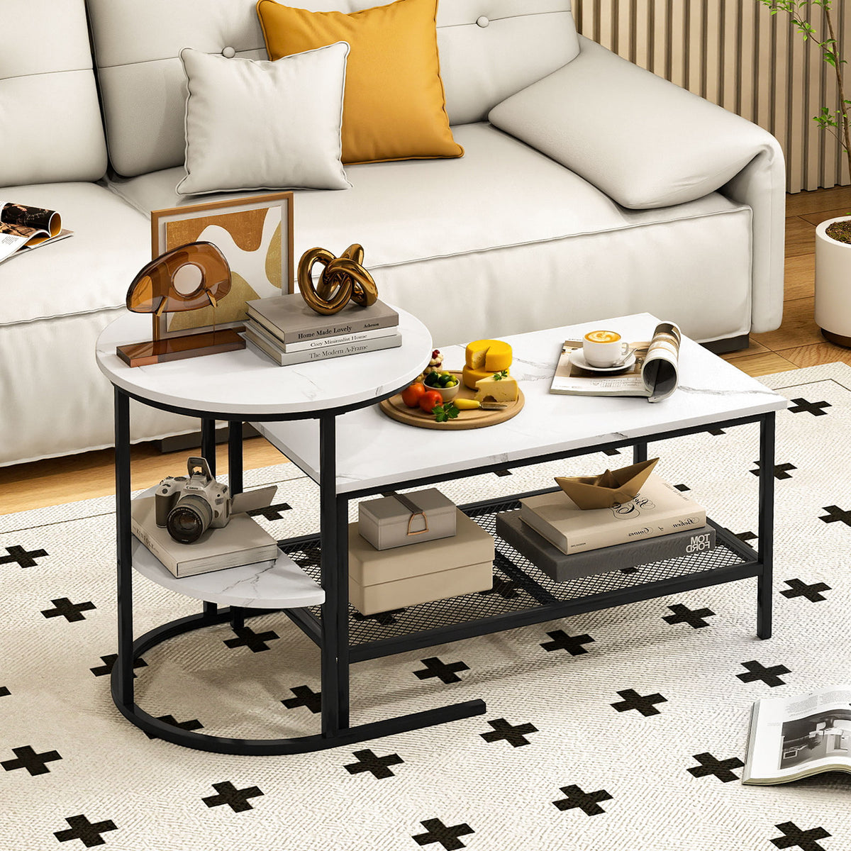 Coffee Table Set of 2 2-Tier Rectangle Coffee Table and Side End Table with Storage Shelves-White-Coffee Tables-DECOROLALA