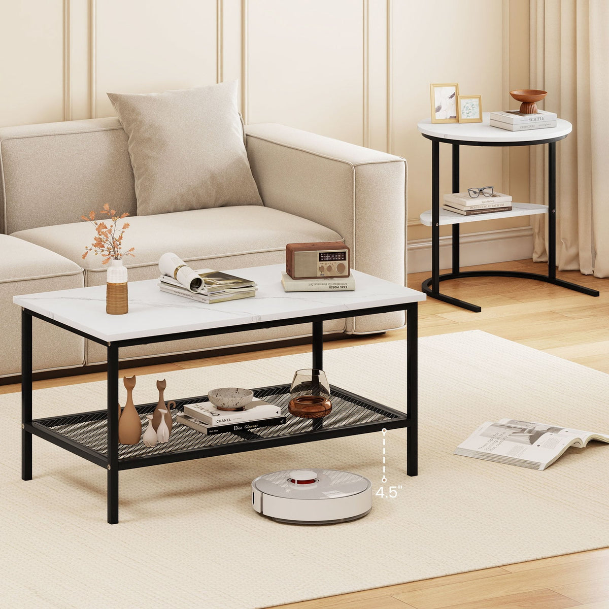Coffee Table Set of 2 2-Tier Rectangle Coffee Table and Side End Table with Storage Shelves-White-Coffee Tables-DECOROLALA