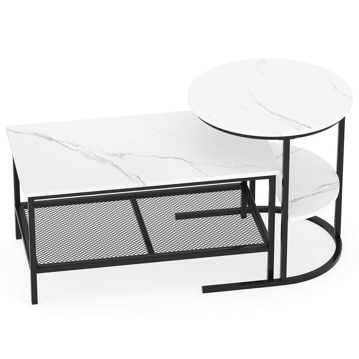 Coffee Table Set of 2 2-Tier Rectangle Coffee Table and Side End Table with Storage Shelves-White-Coffee Tables-DECOROLALA