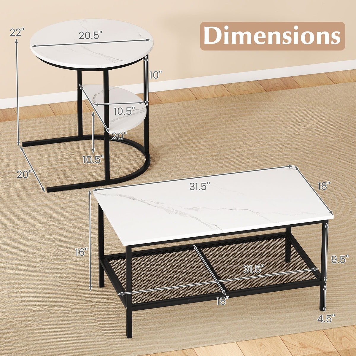Coffee Table Set of 2 2-Tier Rectangle Coffee Table and Side End Table with Storage Shelves-White-Coffee Tables-DECOROLALA