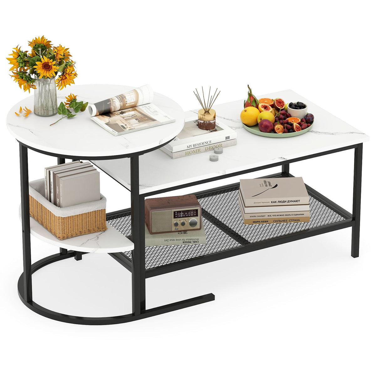 Coffee Table Set of 2 2-Tier Rectangle Coffee Table and Side End Table with Storage Shelves-White-Coffee Tables-DECOROLALA
