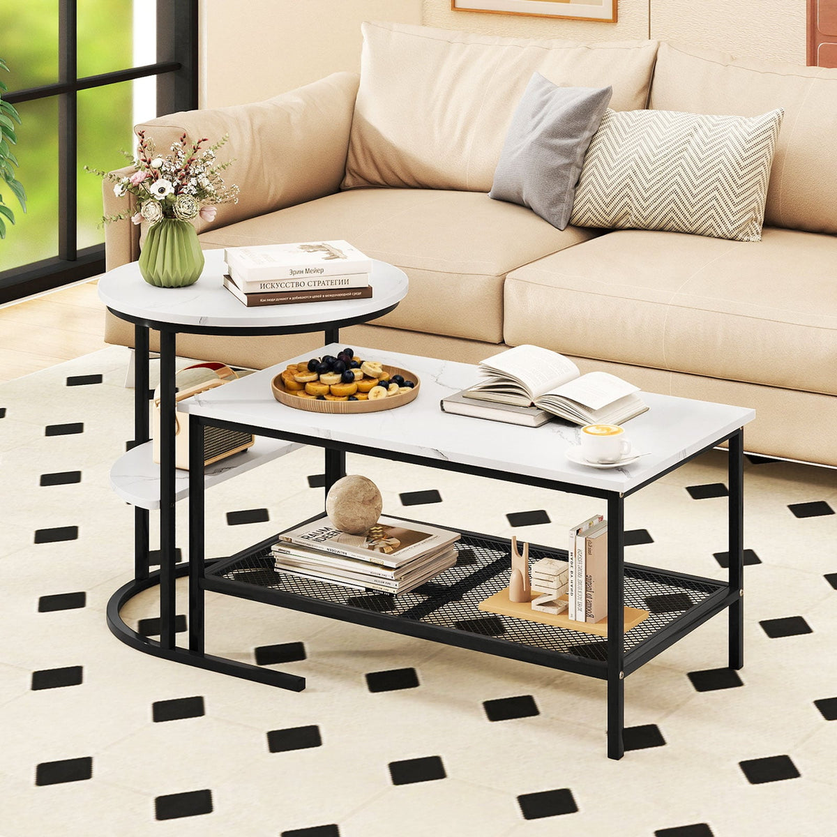Coffee Table Set of 2 2-Tier Rectangle Coffee Table and Side End Table with Storage Shelves-White-Coffee Tables-DECOROLALA