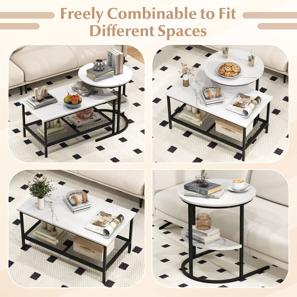 Coffee Table Set of 2 2-Tier Rectangle Coffee Table and Side End Table with Storage Shelves-White-Coffee Tables-DECOROLALA