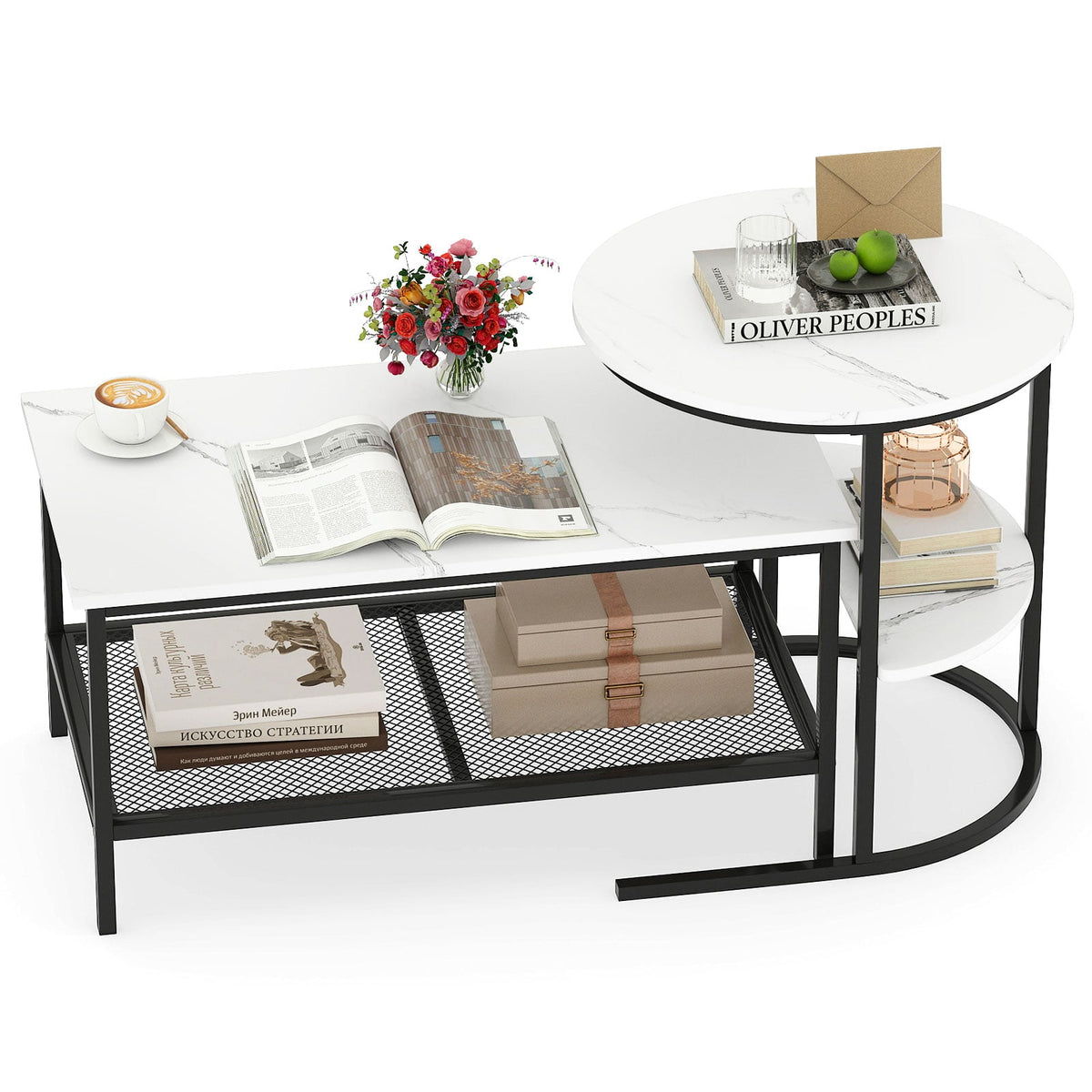 Coffee Table Set of 2 2-Tier Rectangle Coffee Table and Side End Table with Storage Shelves-White-Coffee Tables-DECOROLALA