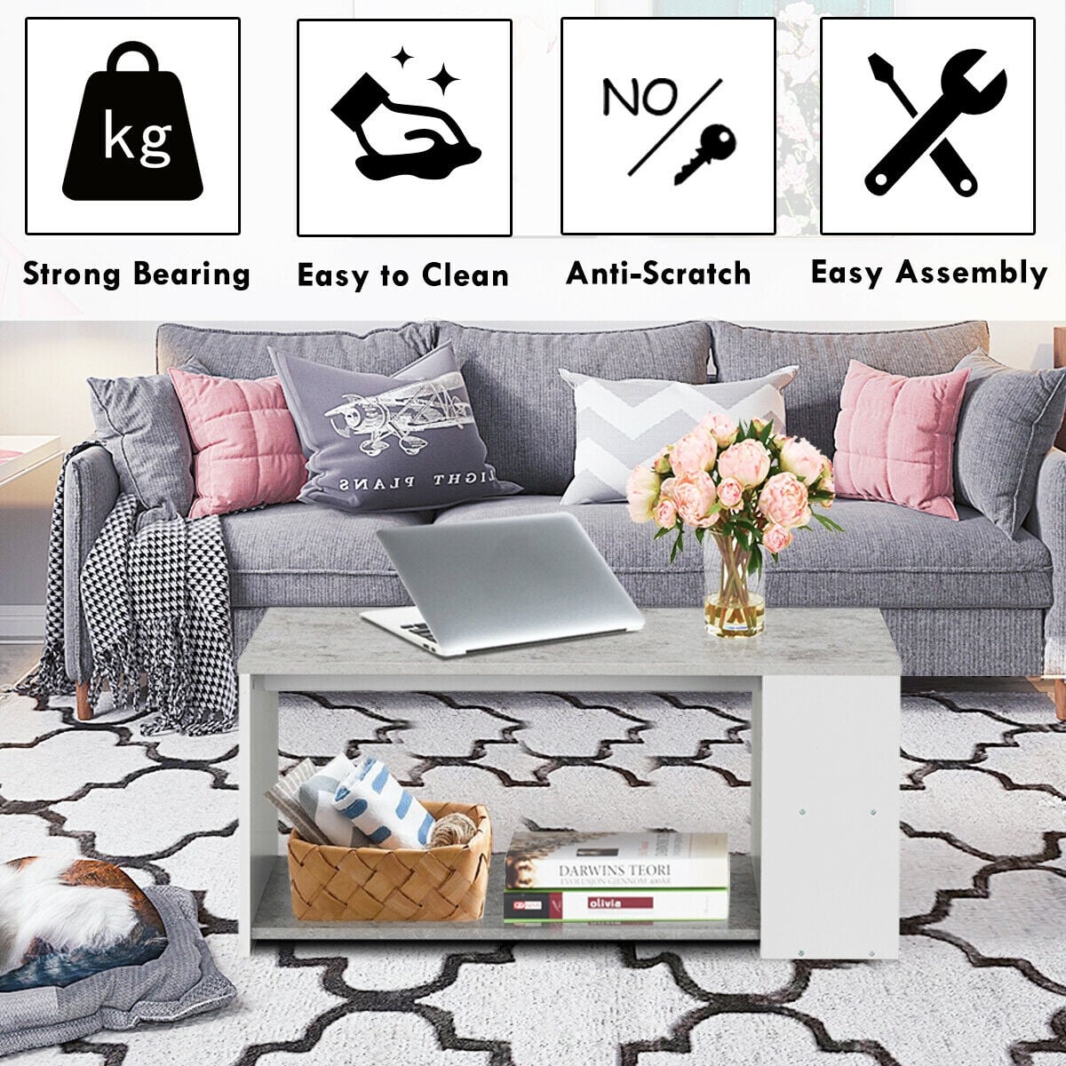 Coffee Table Sofa Side Table with Storage Shelves-Gray-Coffee Tables-DECOROLALA