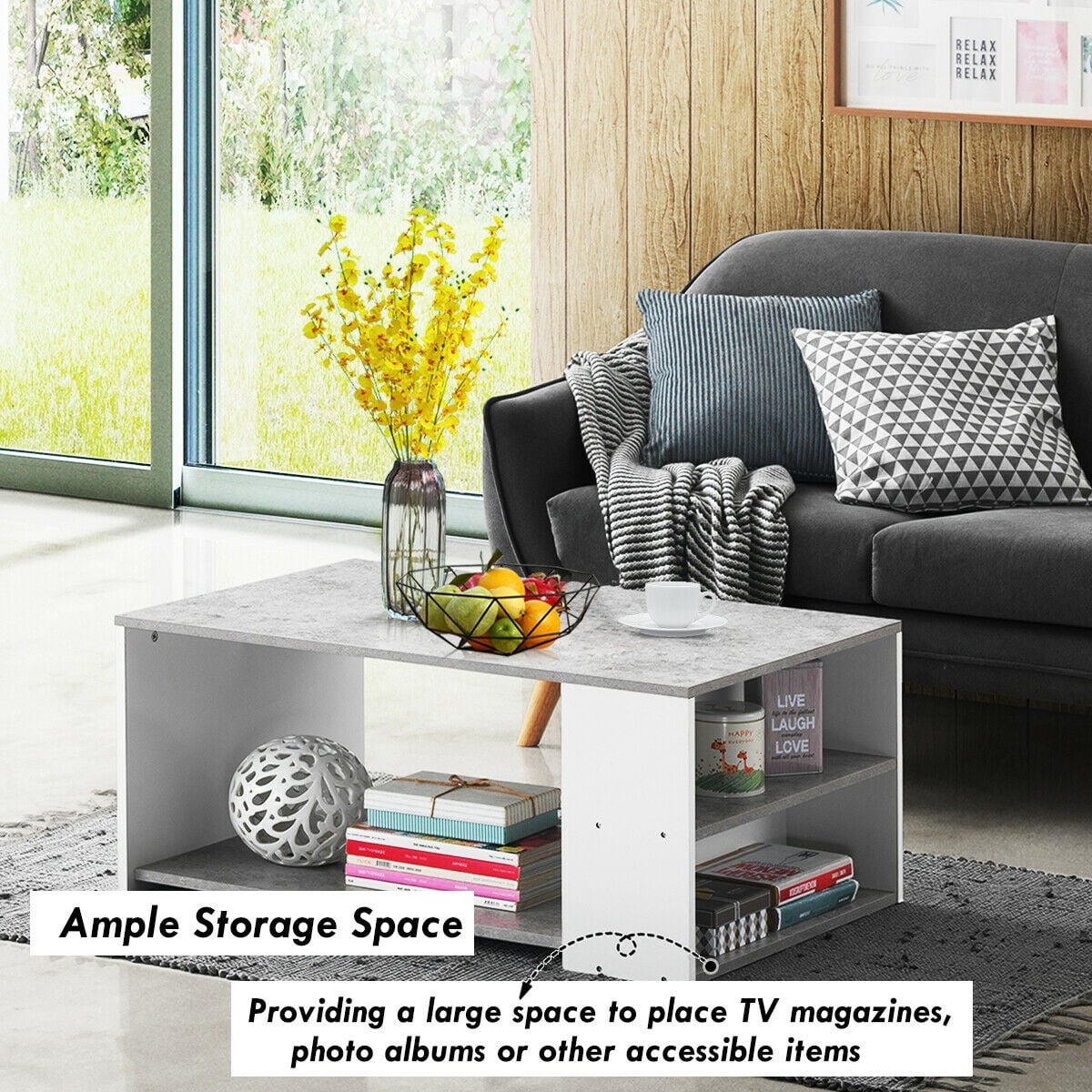 Coffee Table Sofa Side Table with Storage Shelves-Gray-Coffee Tables-DECOROLALA