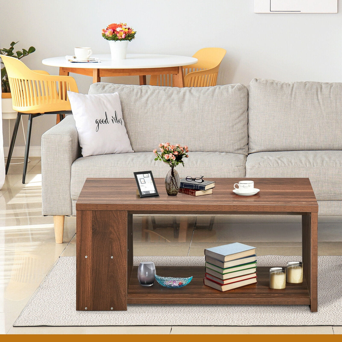 Coffee Table Sofa Side Table with Storage Shelves-Walnut-Coffee Tables-DECOROLALA