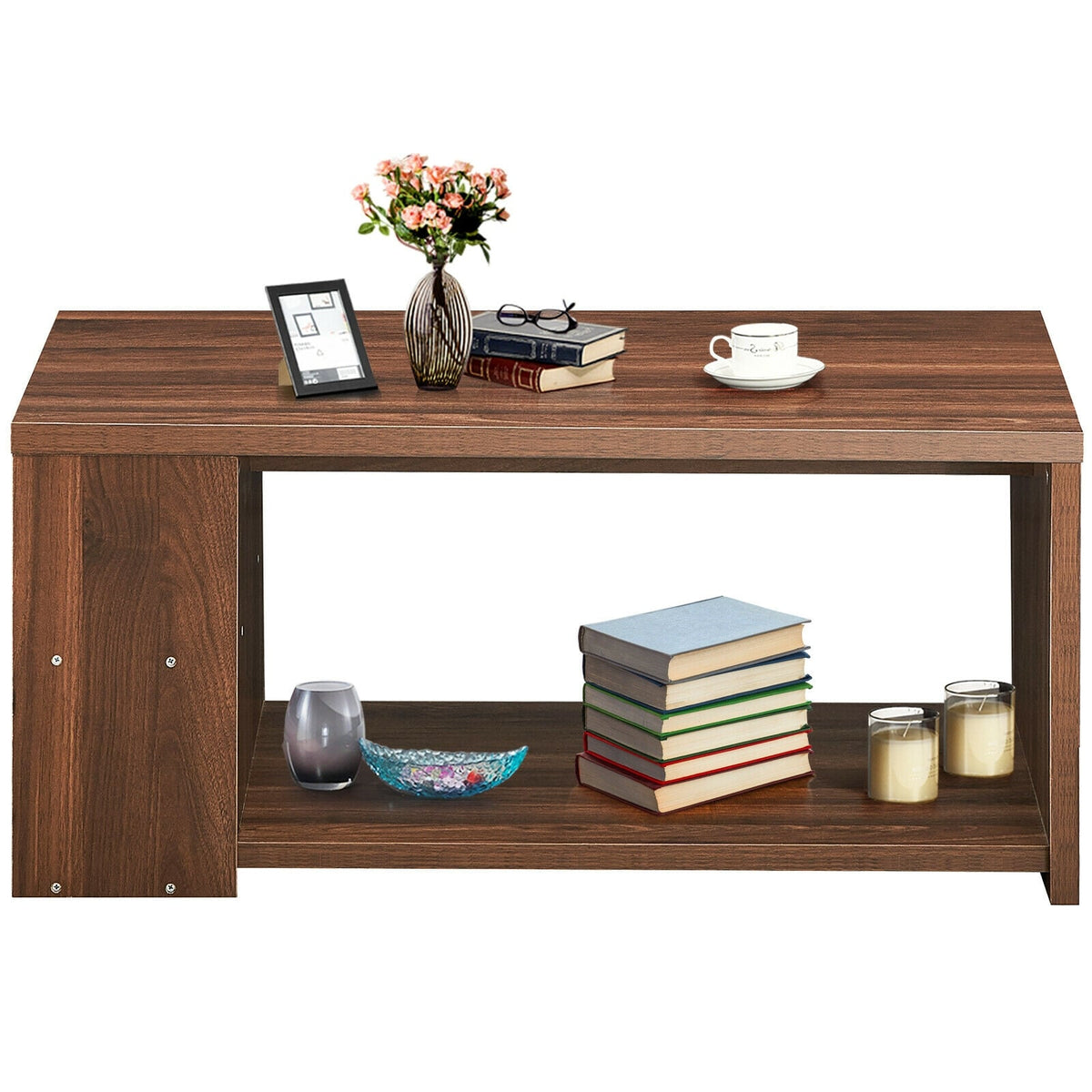 Coffee Table Sofa Side Table with Storage Shelves-Walnut-Coffee Tables-DECOROLALA