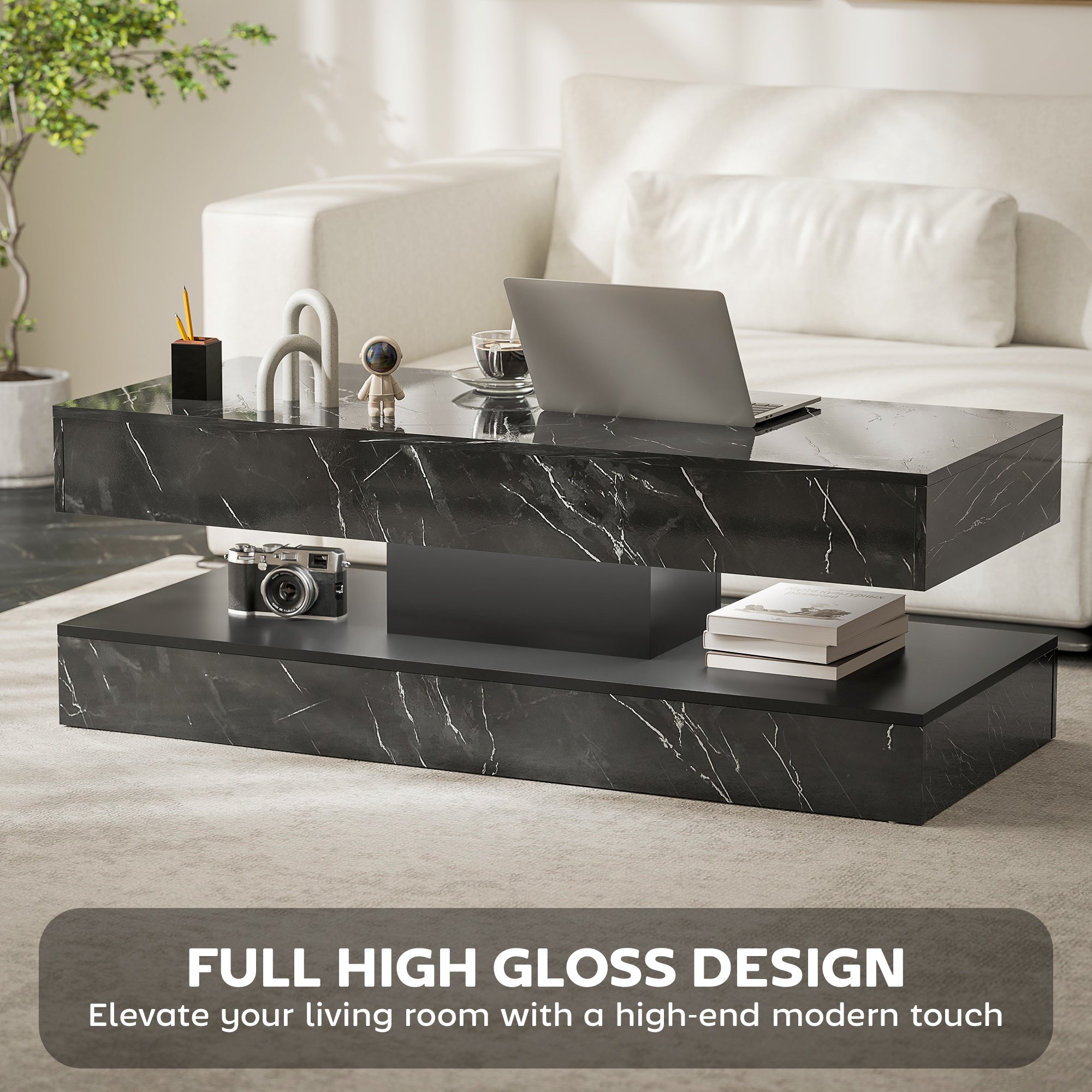 Coffee Table with LED Lights & 2 Drawers - Black Marble-Effect-DECOROLALA