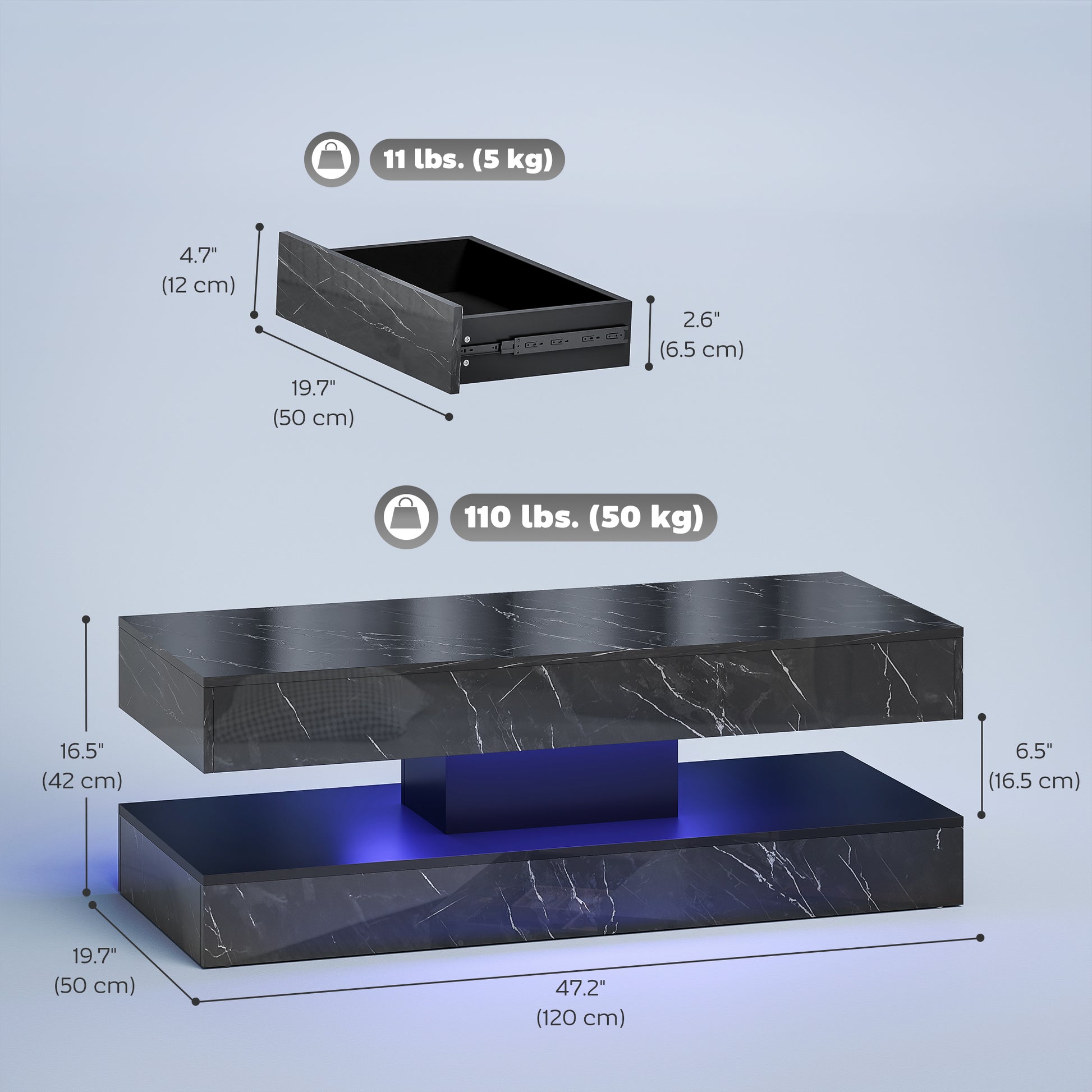 Coffee Table with LED Lights & 2 Drawers - Black Marble-Effect-DECOROLALA