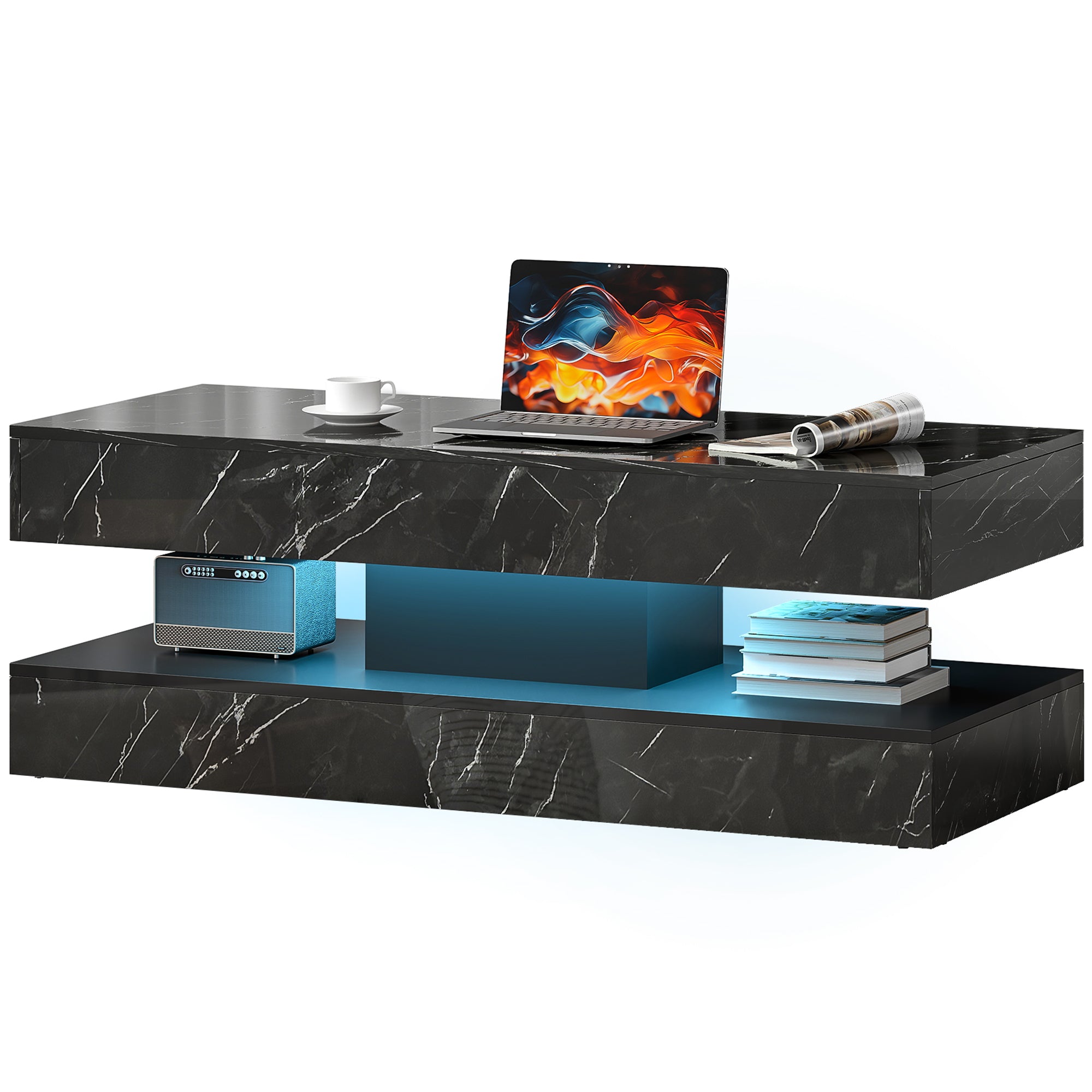 Coffee Table with LED Lights & 2 Drawers - Black Marble-Effect-DECOROLALA