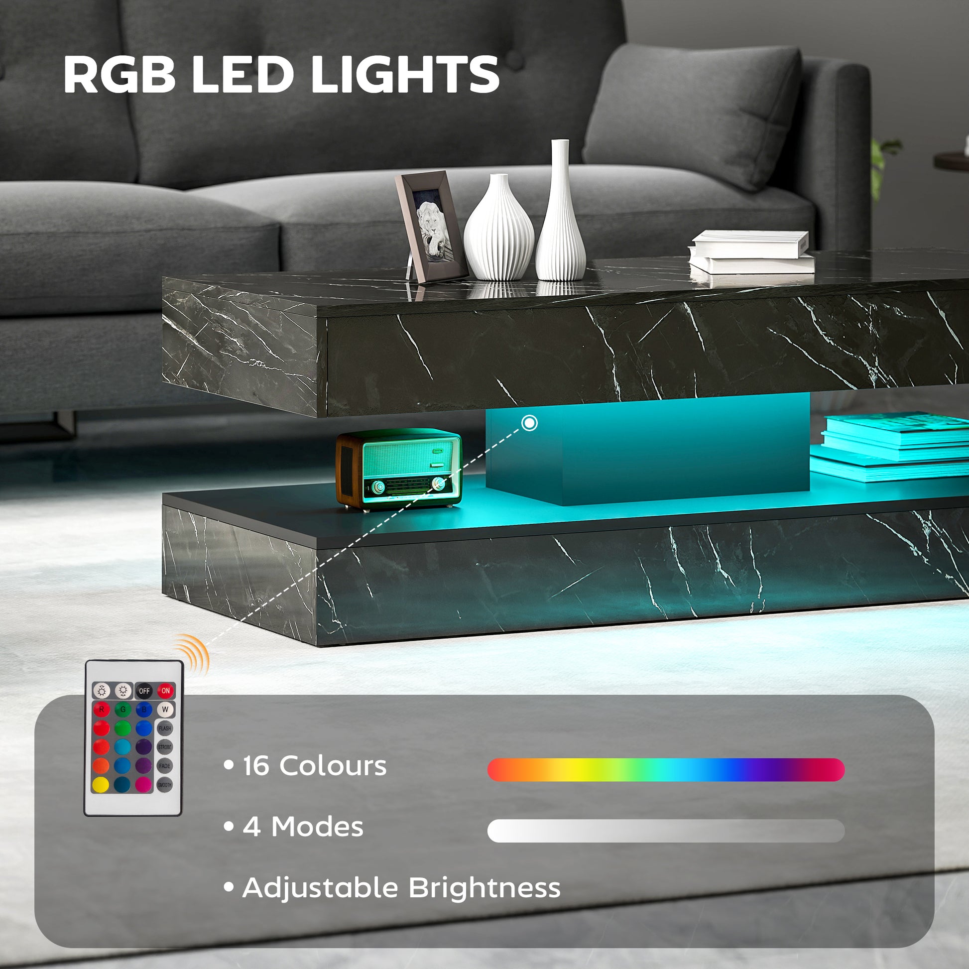 Coffee Table with LED Lights & 2 Drawers - Black Marble-Effect-DECOROLALA