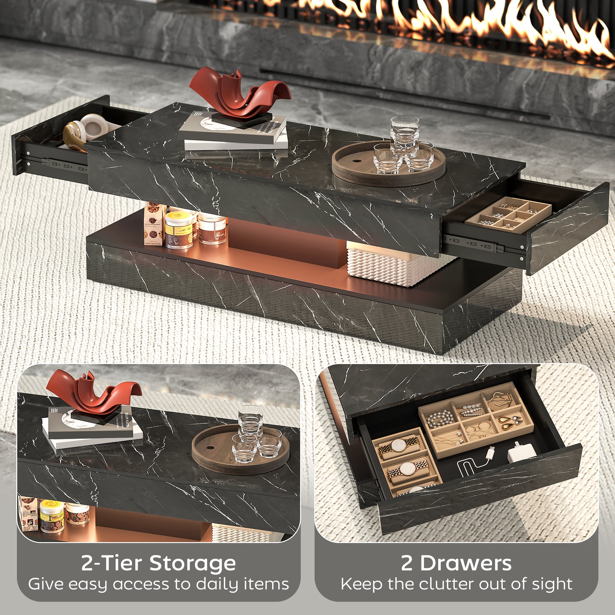 Coffee Table with LED Lights & 2 Drawers - Black Marble-Effect-DECOROLALA