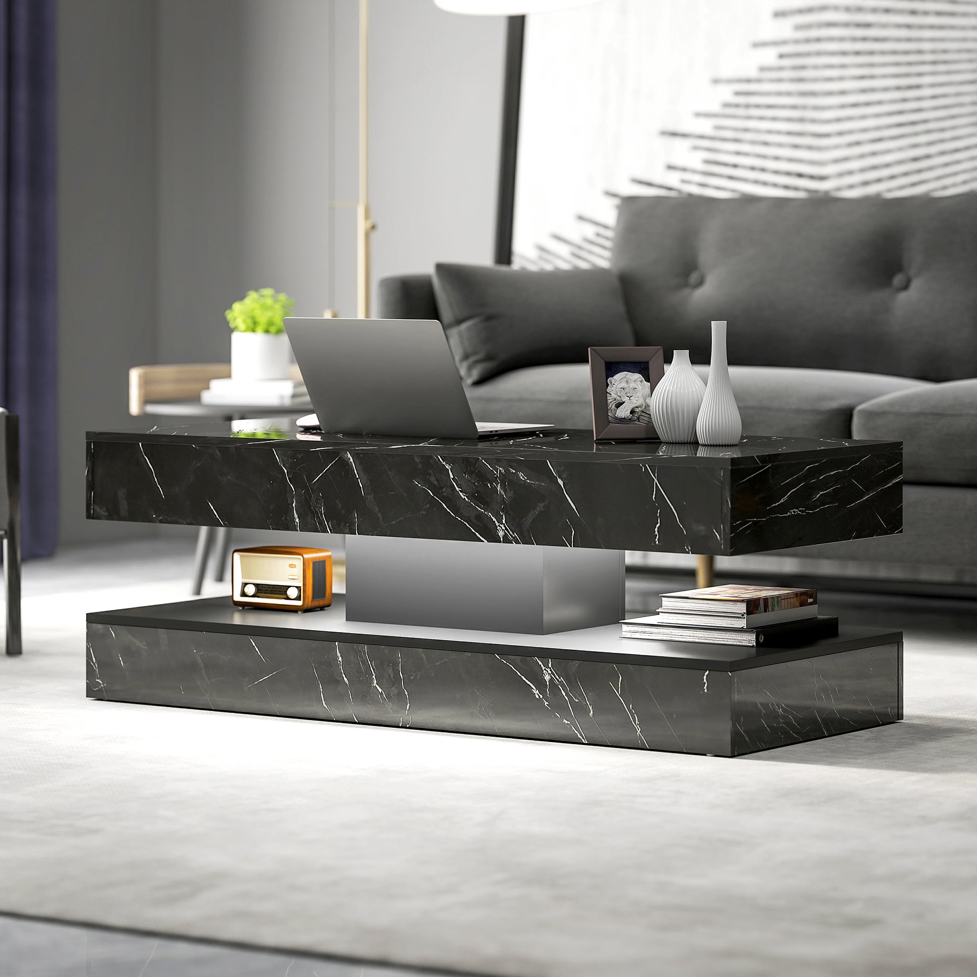 Coffee Table with LED Lights & 2 Drawers - Black Marble-Effect-DECOROLALA