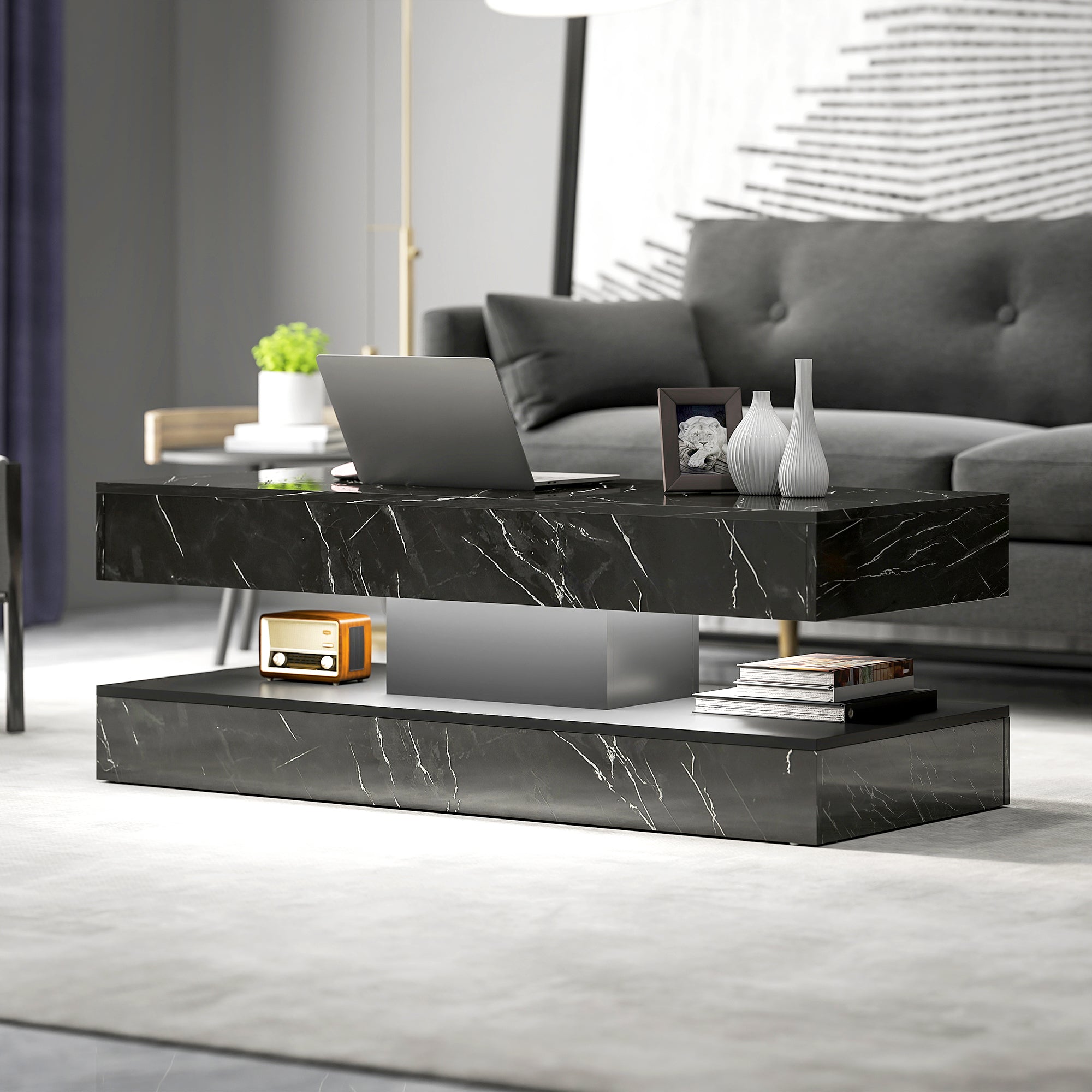 Coffee Table with LED Lights & 2 Drawers - Black Marble-Effect-DECOROLALA