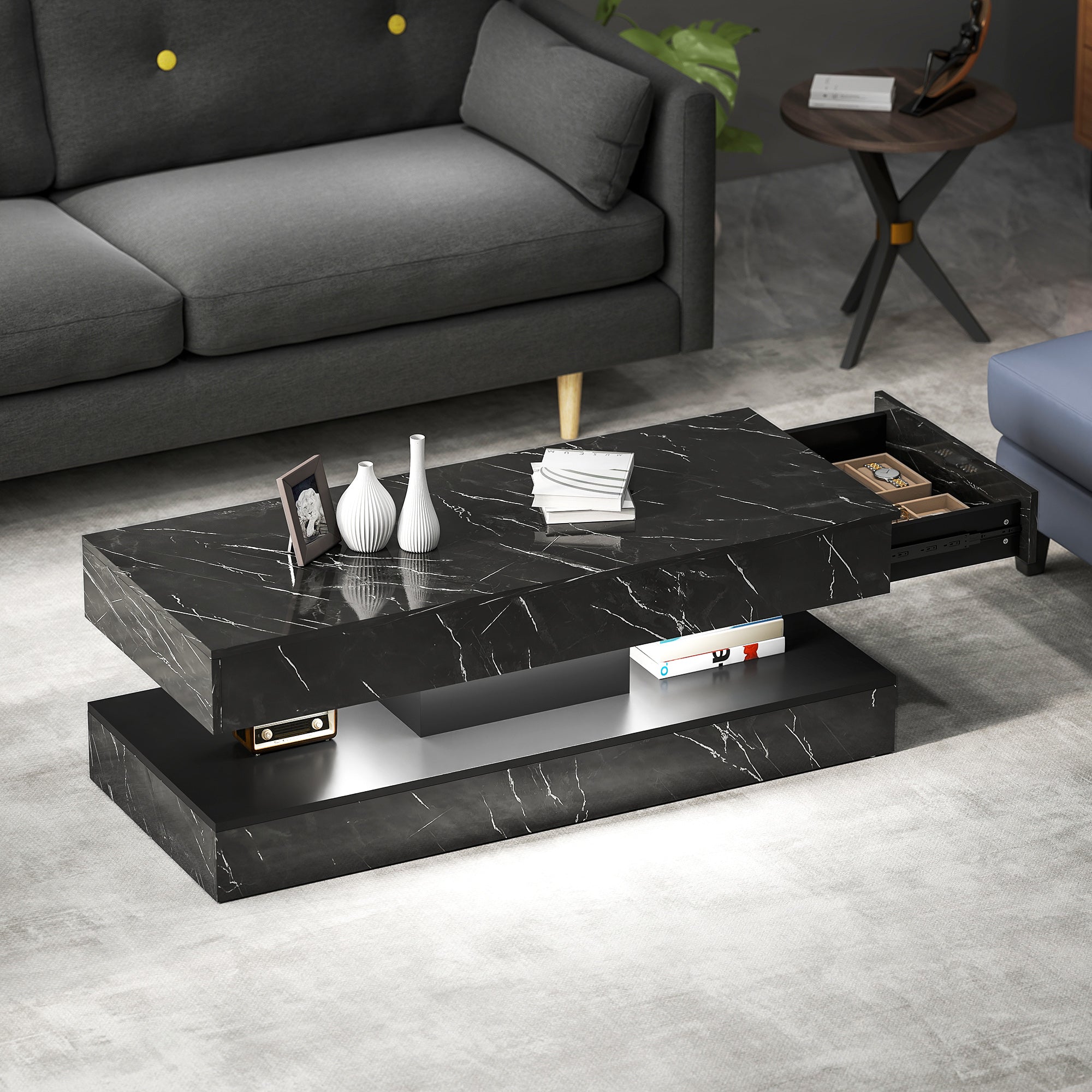 Coffee Table with LED Lights & 2 Drawers - Black Marble-Effect-DECOROLALA