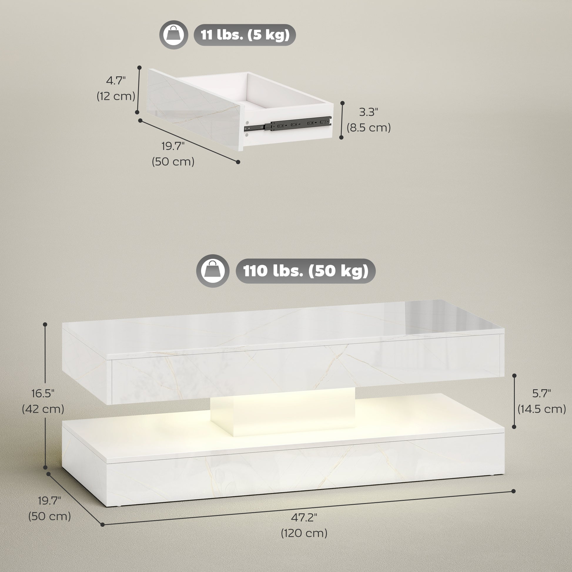 Coffee Table with LED Lights & 2 Drawers - White Marble Effect-DECOROLALA