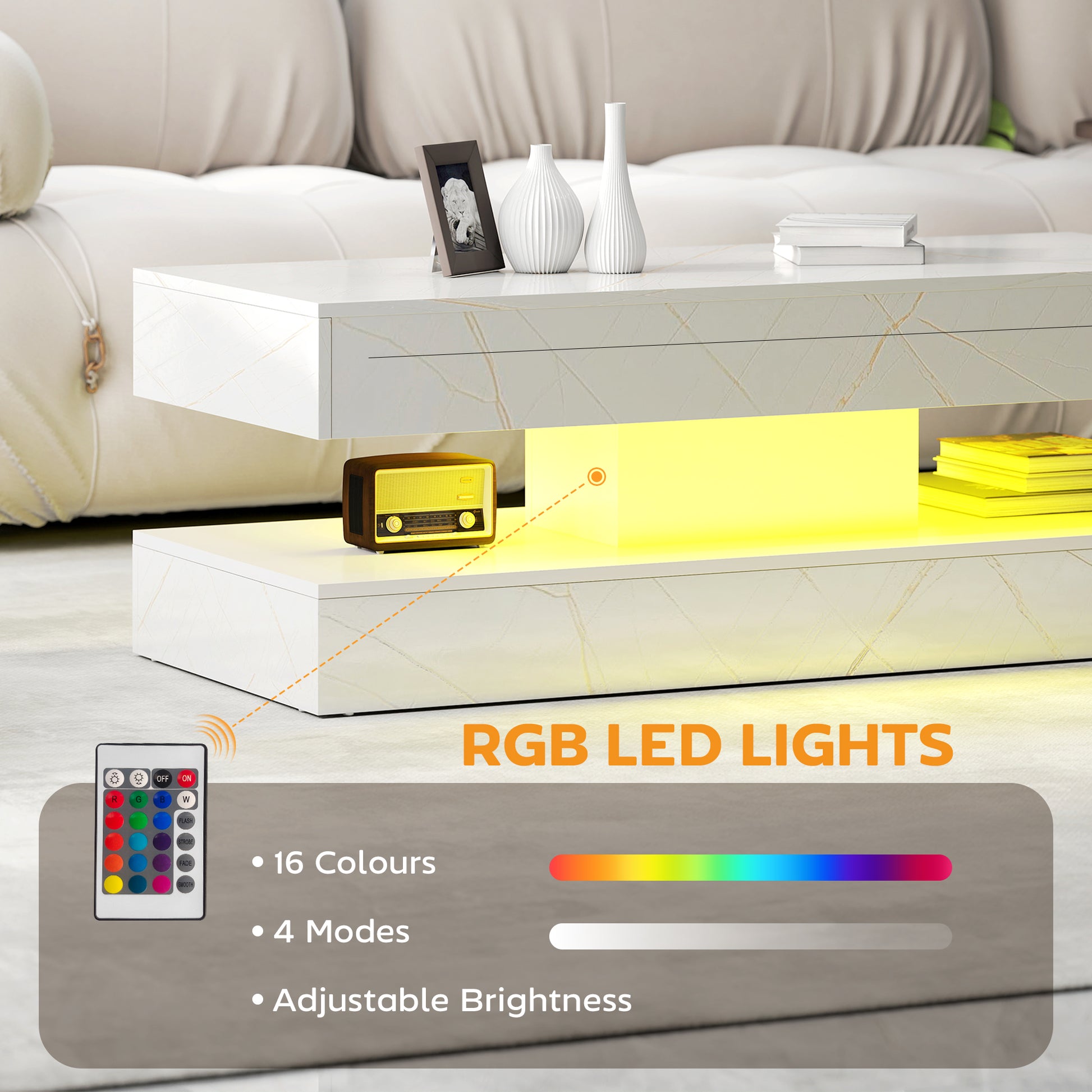 Coffee Table with LED Lights & 2 Drawers - White Marble Effect-DECOROLALA