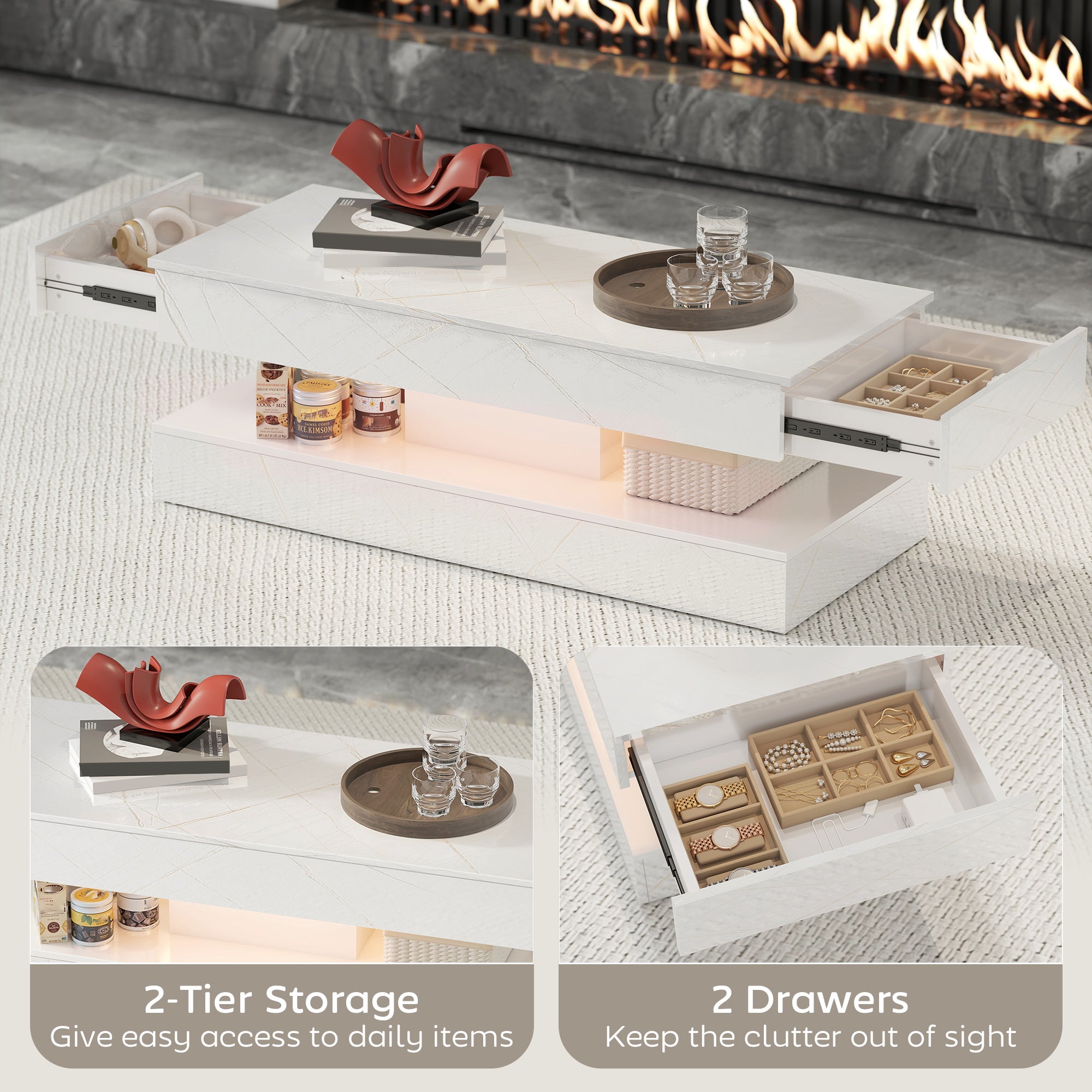 Coffee Table with LED Lights & 2 Drawers - White Marble Effect-DECOROLALA