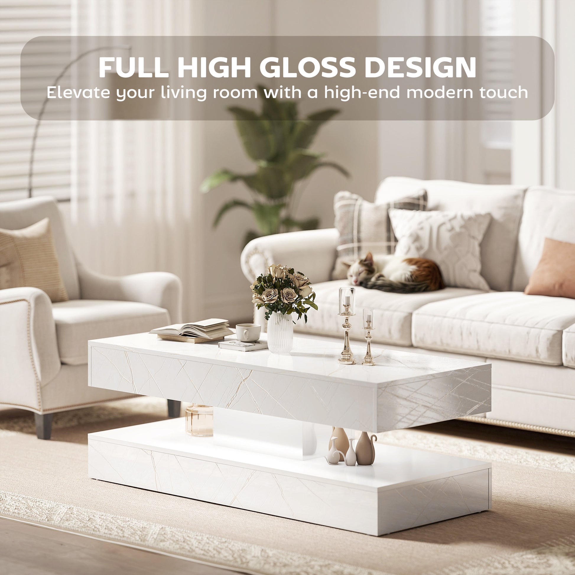 Coffee Table with LED Lights & 2 Drawers - White Marble Effect-DECOROLALA