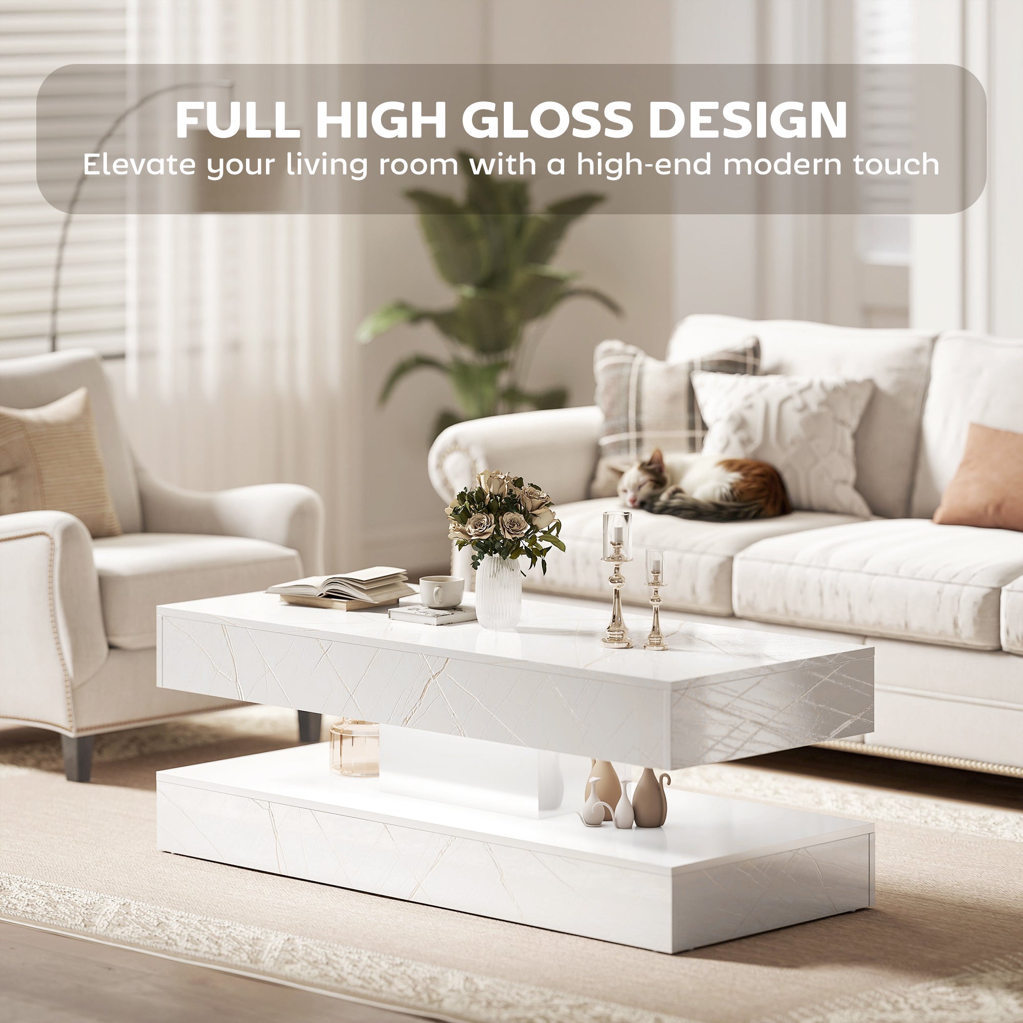 Coffee Table with LED Lights & 2 Drawers - White Marble Effect-DECOROLALA