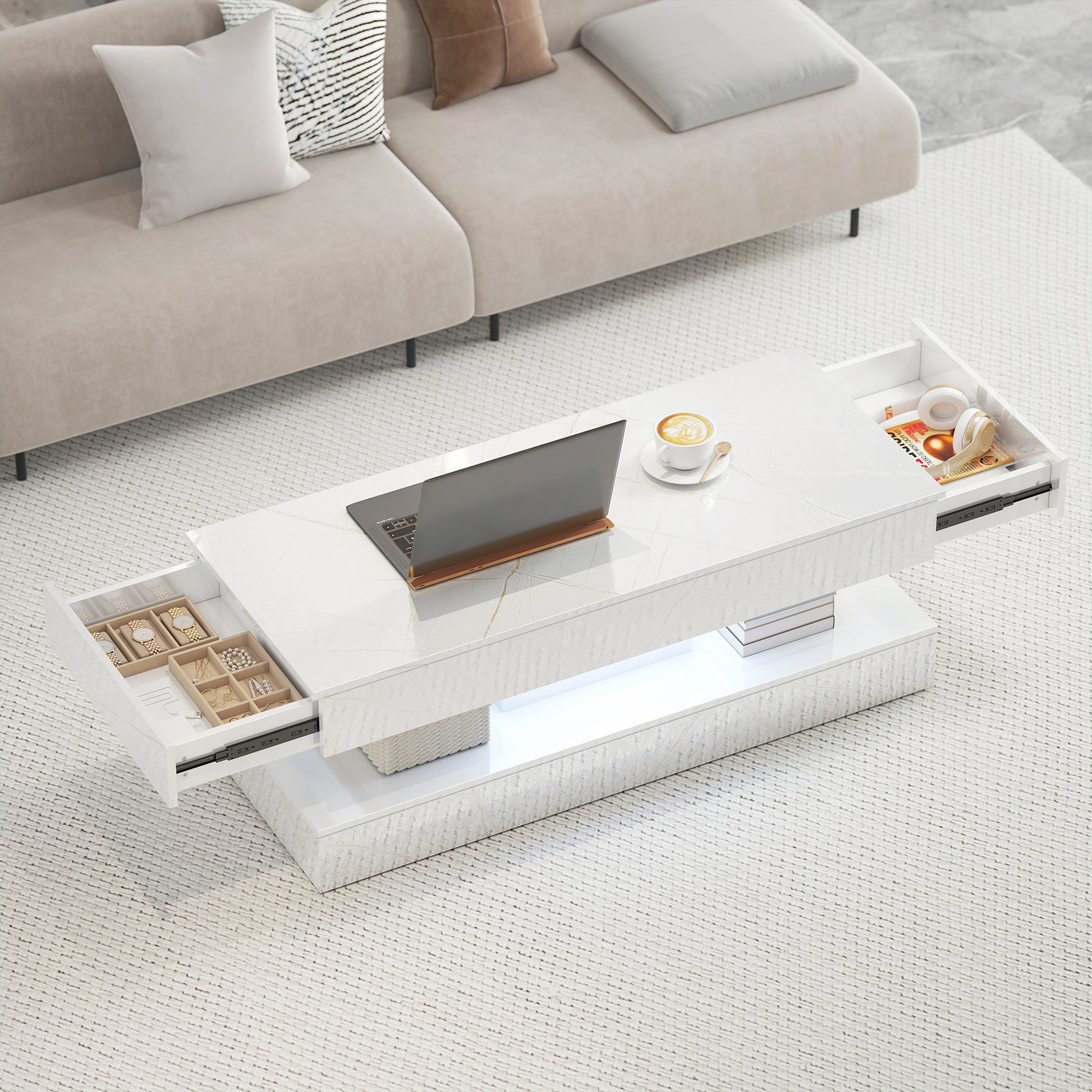Coffee Table with LED Lights & 2 Drawers - White Marble Effect-DECOROLALA