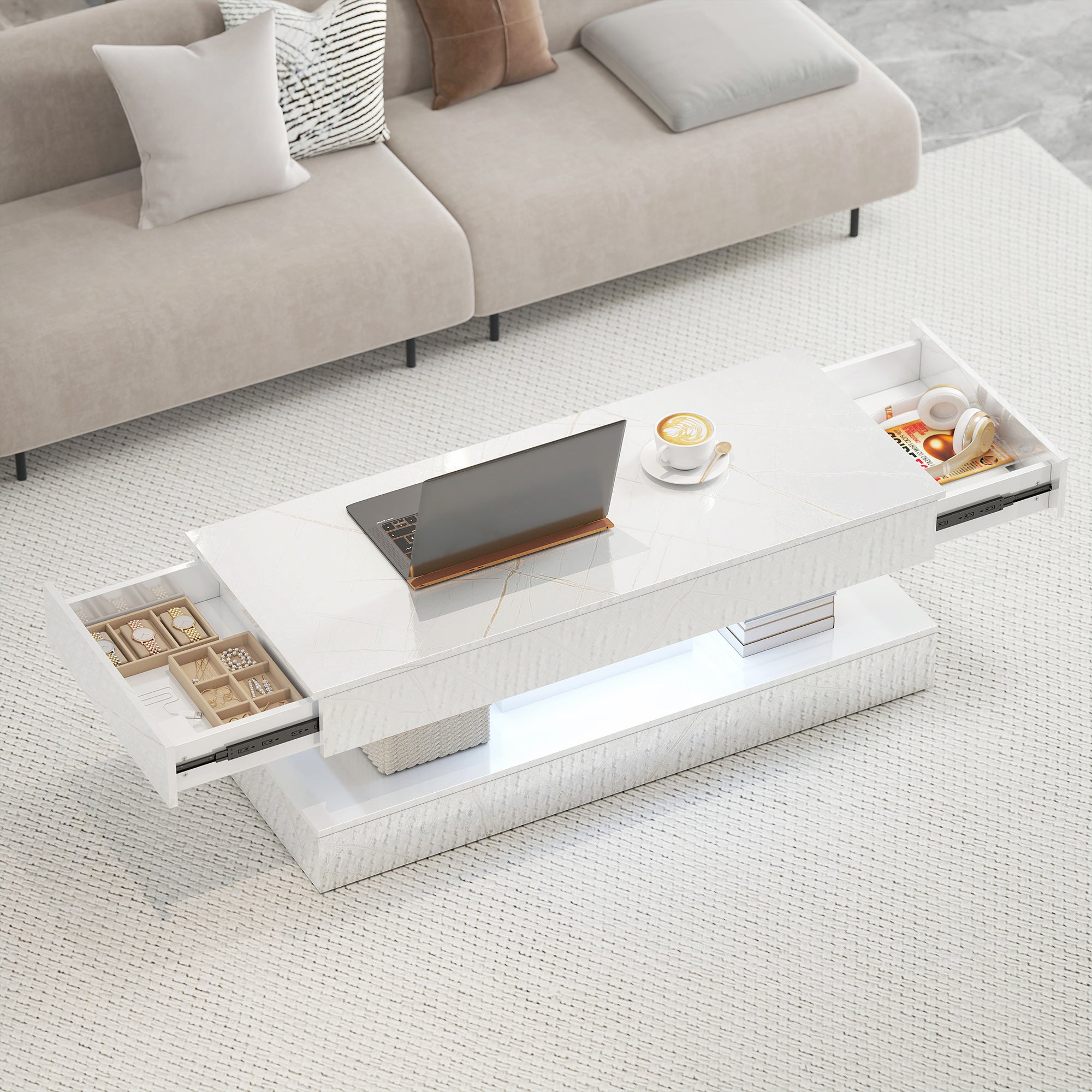 Coffee Table with LED Lights & 2 Drawers - White Marble Effect-DECOROLALA