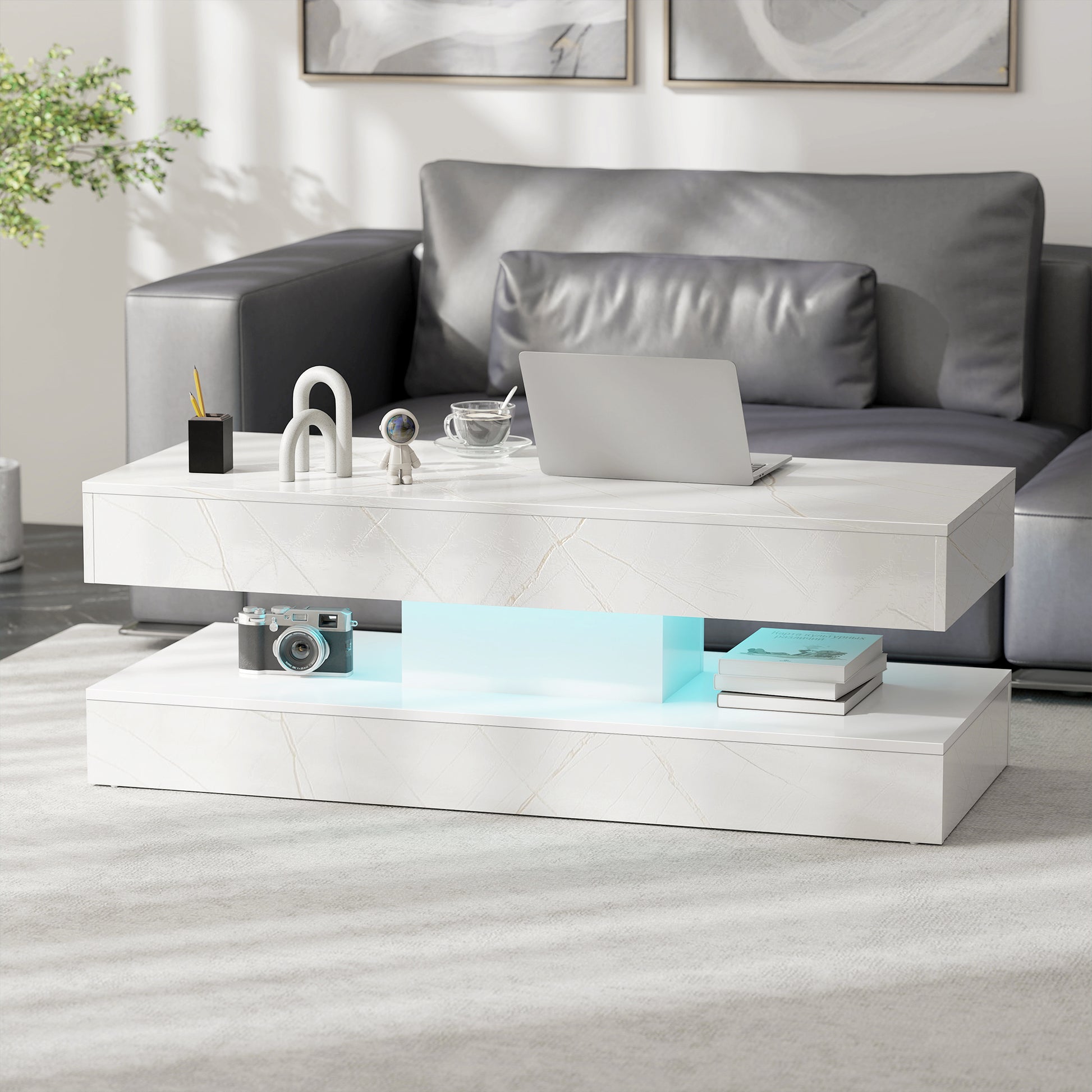 Coffee Table with LED Lights & 2 Drawers - White Marble Effect-DECOROLALA