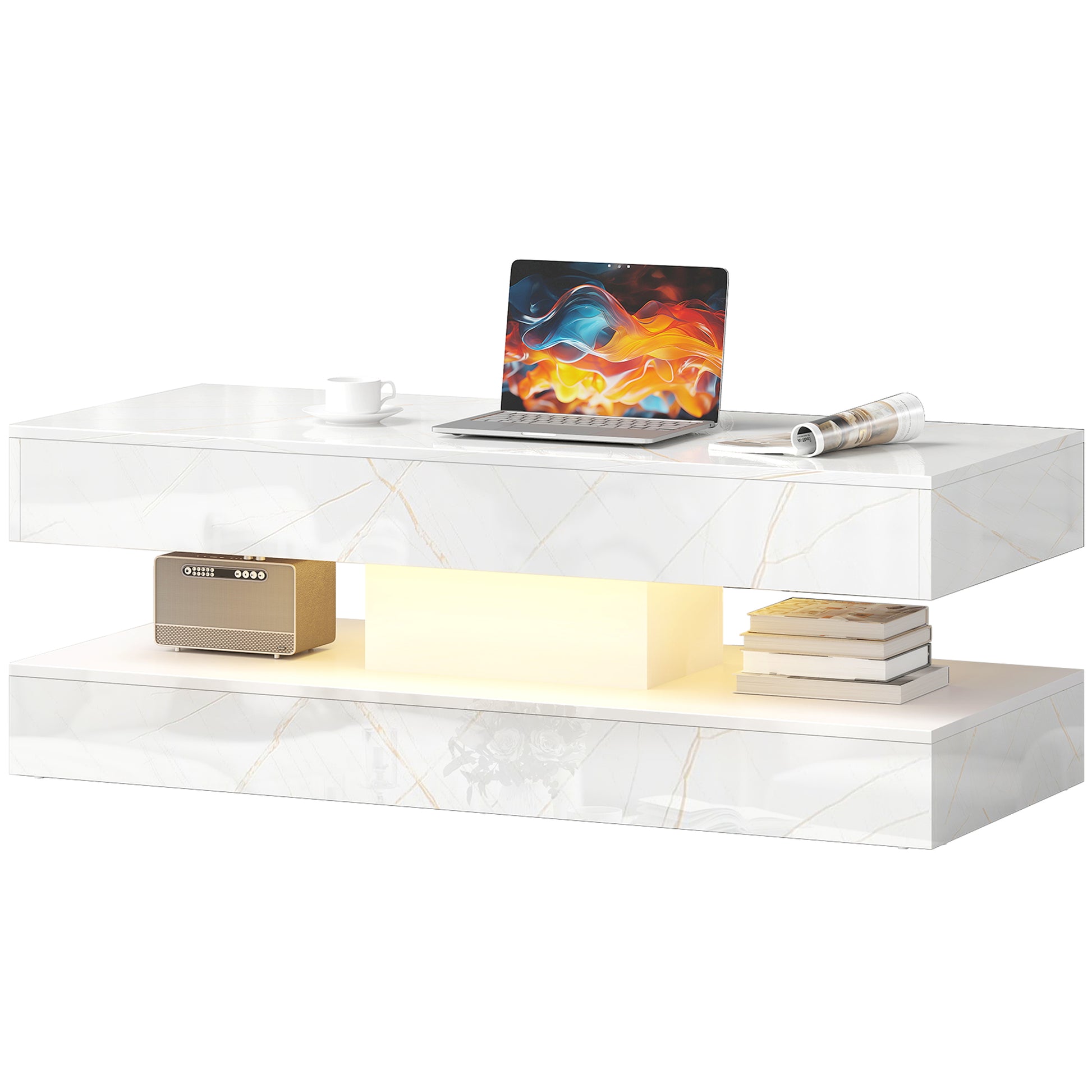 Coffee Table with LED Lights & 2 Drawers - White Marble Effect-DECOROLALA