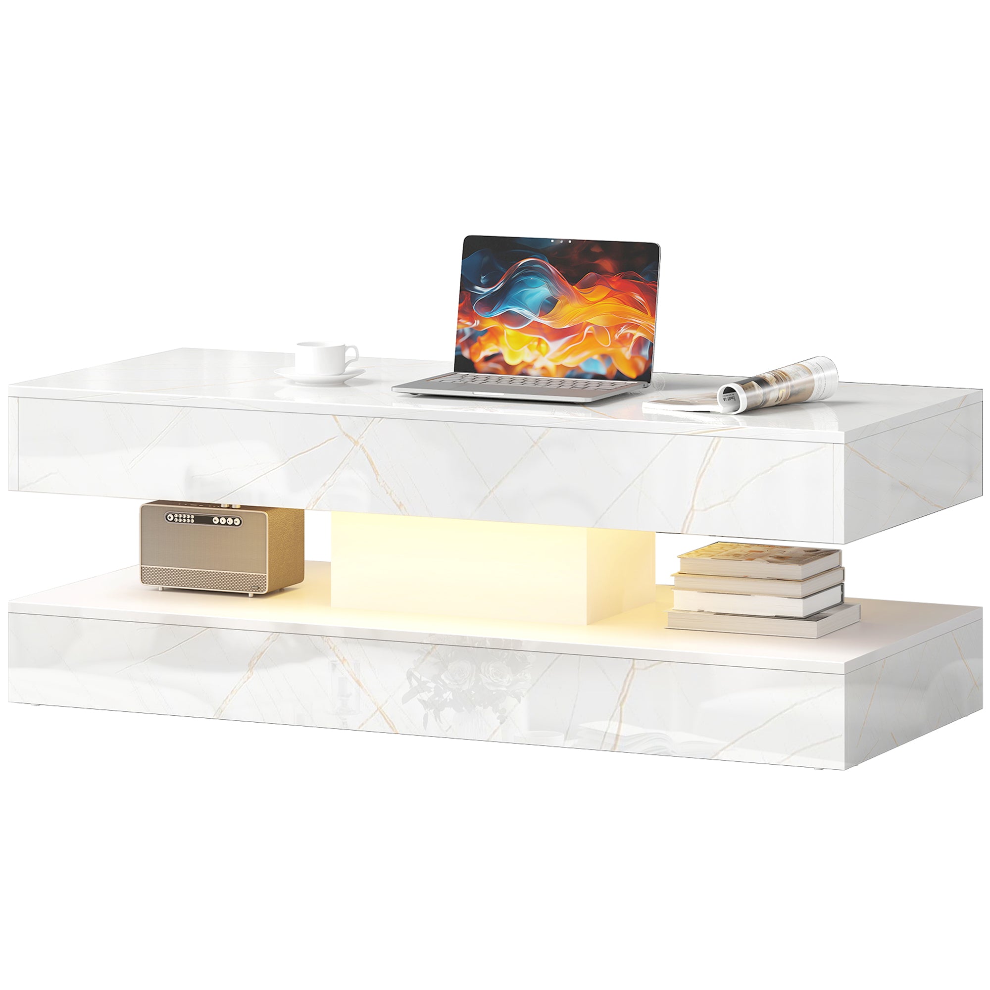 Coffee Table with LED Lights & 2 Drawers - White Marble Effect-DECOROLALA