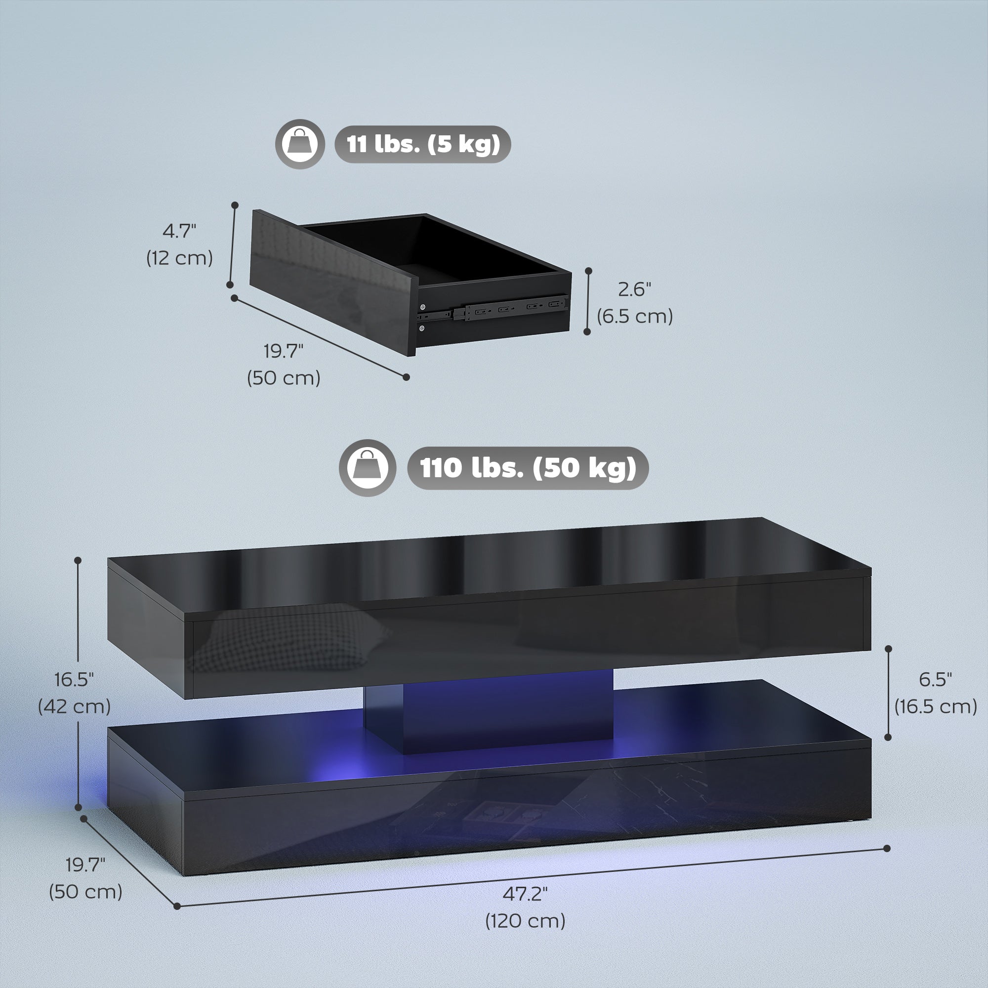 Coffee Table with LED Lights - High Gloss Black 2 Drawers-DECOROLALA