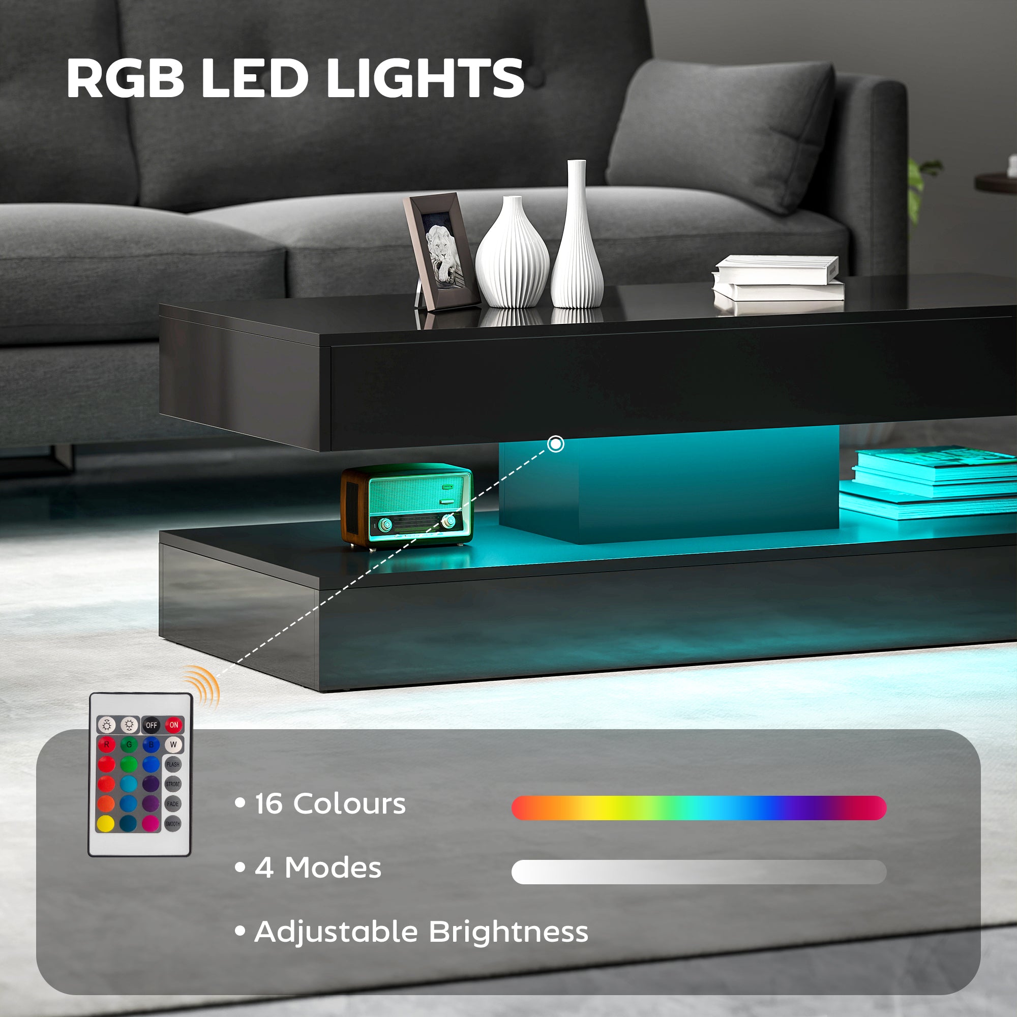 Coffee Table with LED Lights - High Gloss Black 2 Drawers-DECOROLALA