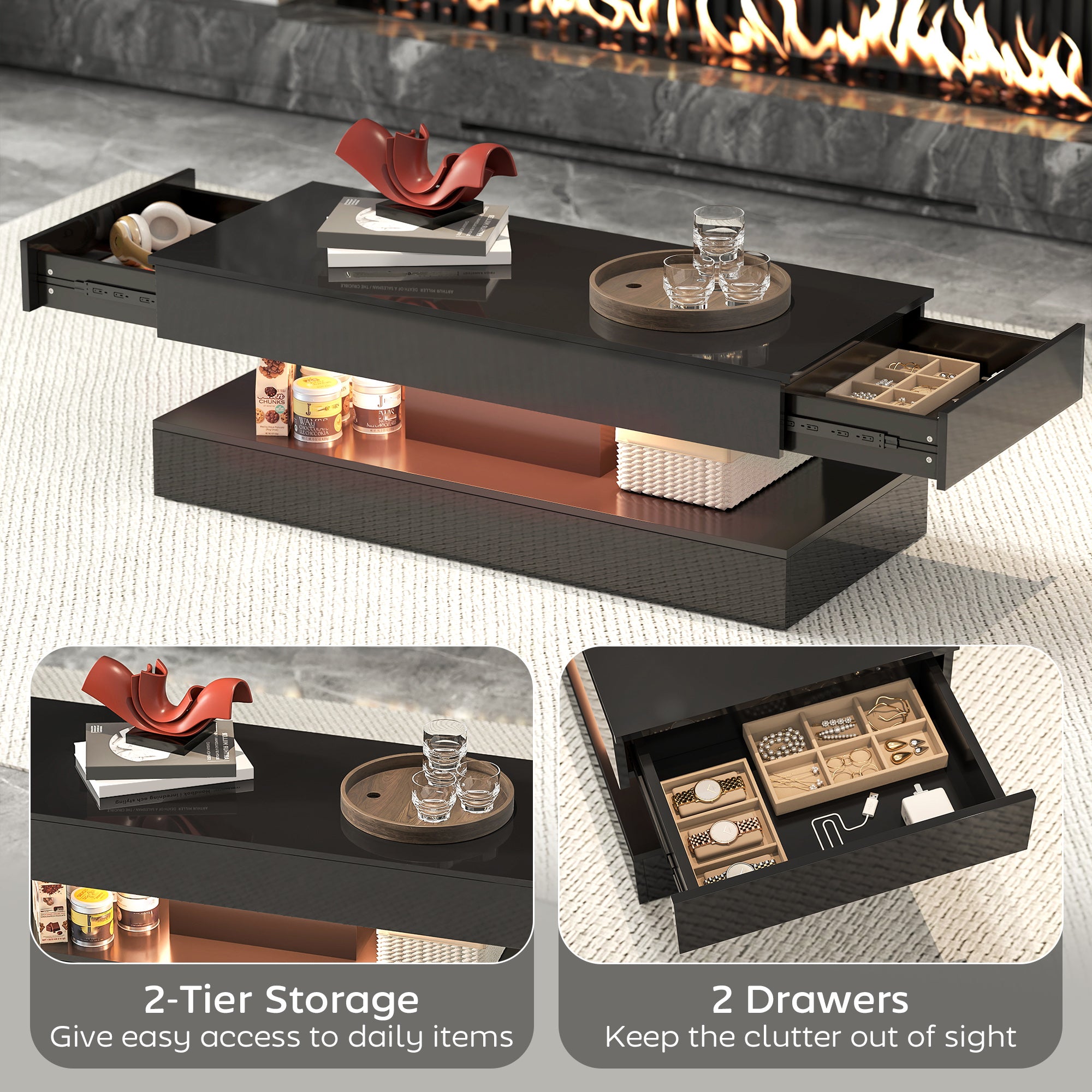 Coffee Table with LED Lights - High Gloss Black 2 Drawers-DECOROLALA