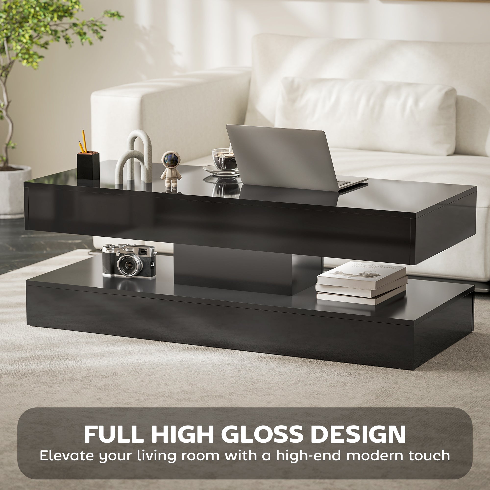 Coffee Table with LED Lights - High Gloss Black 2 Drawers-DECOROLALA