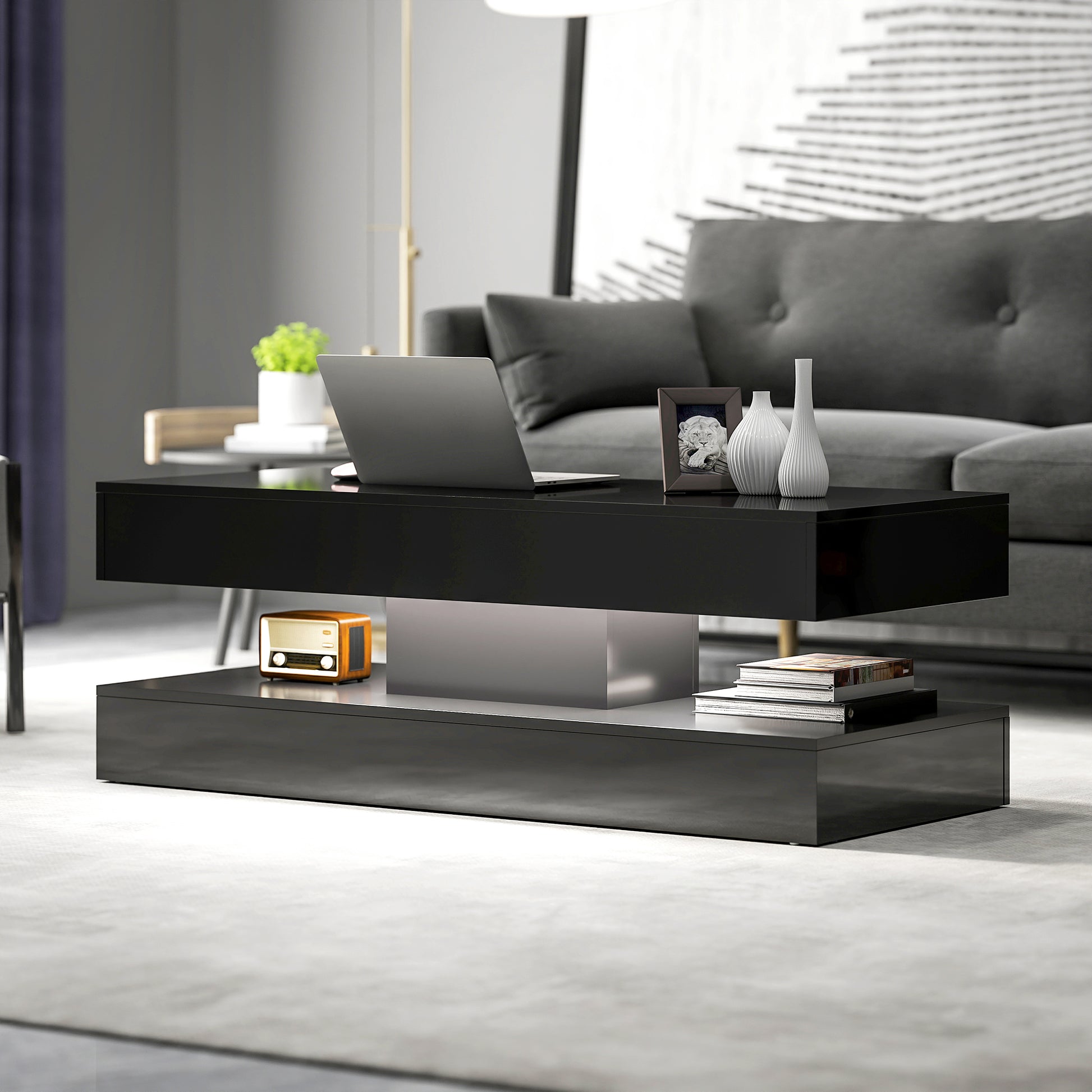 Coffee Table with LED Lights - High Gloss Black 2 Drawers-DECOROLALA