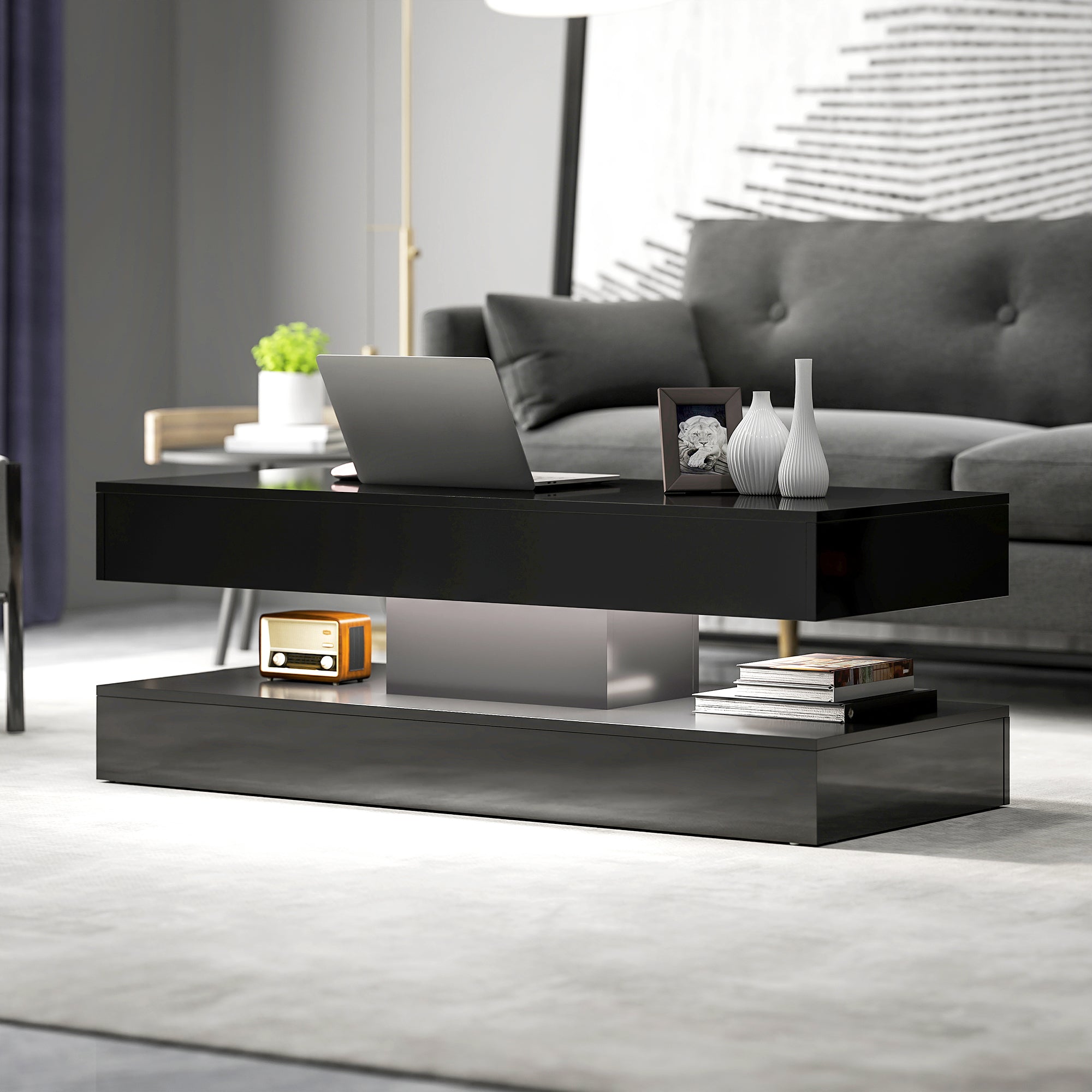 Coffee Table with LED Lights - High Gloss Black 2 Drawers-DECOROLALA