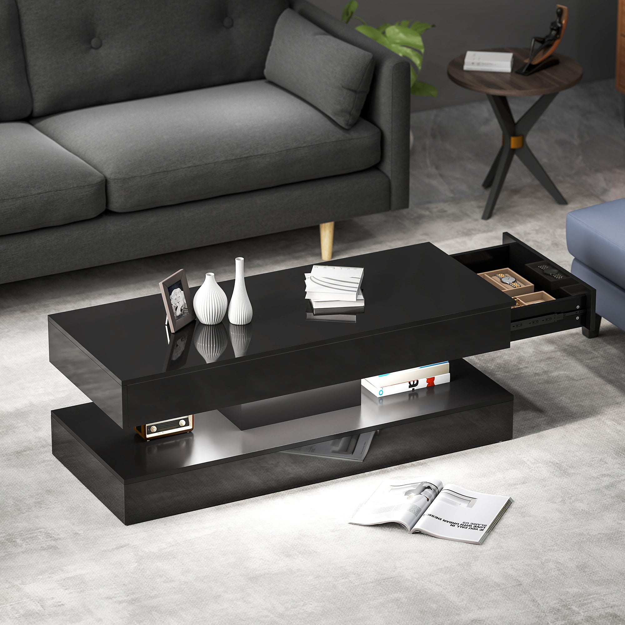 Coffee Table with LED Lights - High Gloss Black 2 Drawers-DECOROLALA