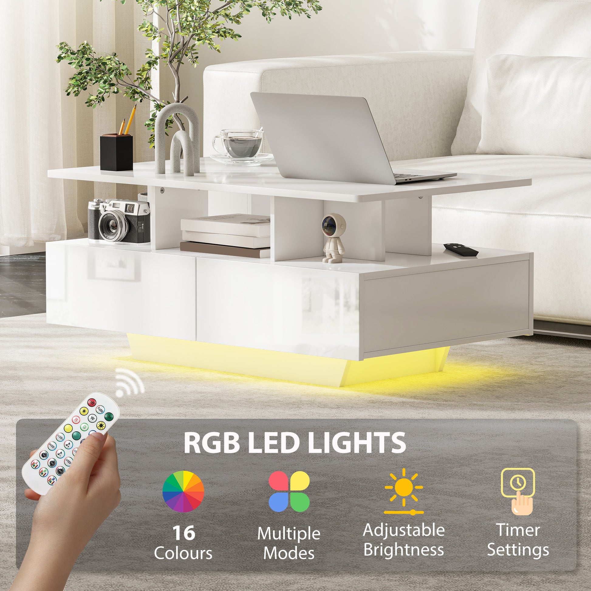 Coffee Table with RGB LED Lights - 4 Drawers White-DECOROLALA