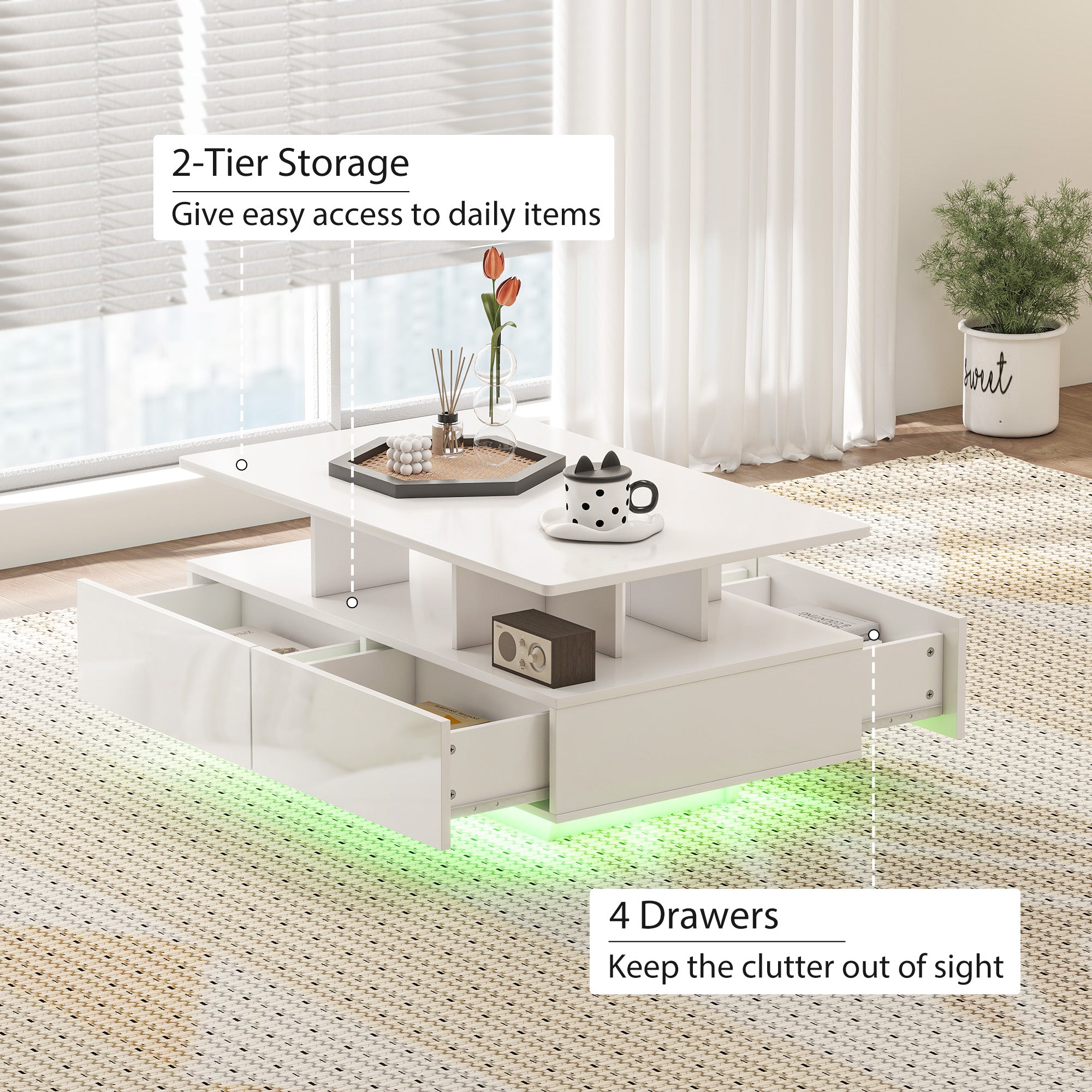 Coffee Table with RGB LED Lights - 4 Drawers White-DECOROLALA