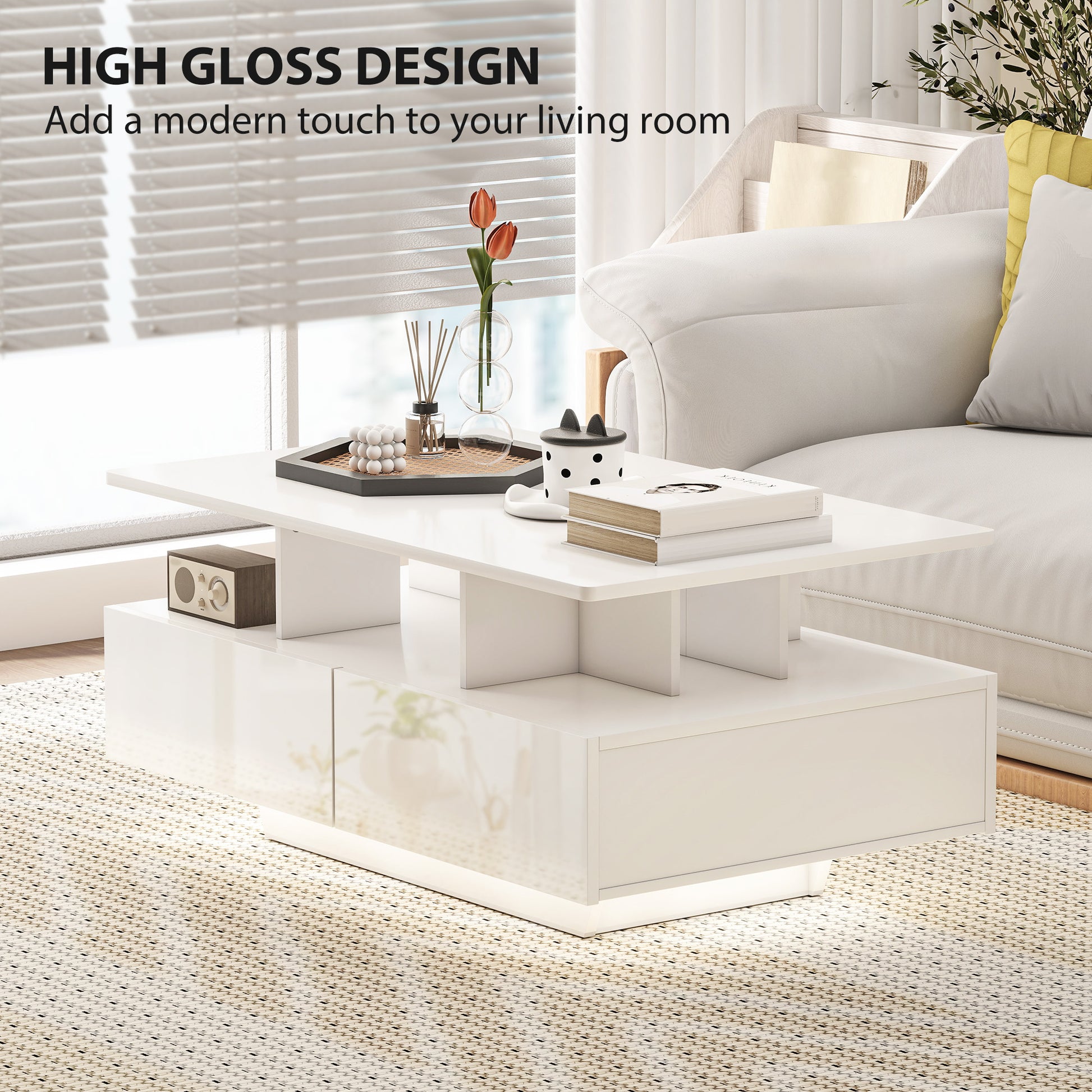 Coffee Table with RGB LED Lights - 4 Drawers White-DECOROLALA