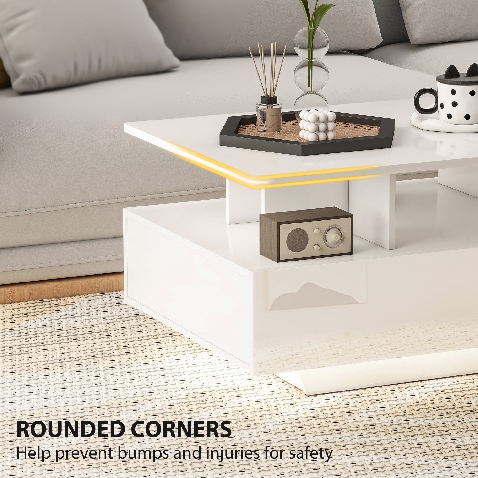 Coffee Table with RGB LED Lights - 4 Drawers White-DECOROLALA