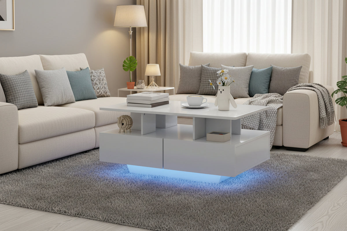 Coffee Table with RGB LED Lights - 4 Drawers White-DECOROLALA