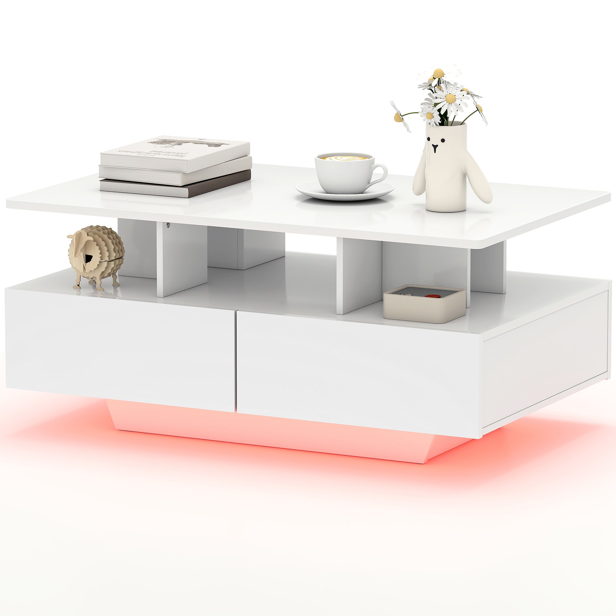 Coffee Table with RGB LED Lights - 4 Drawers White-DECOROLALA