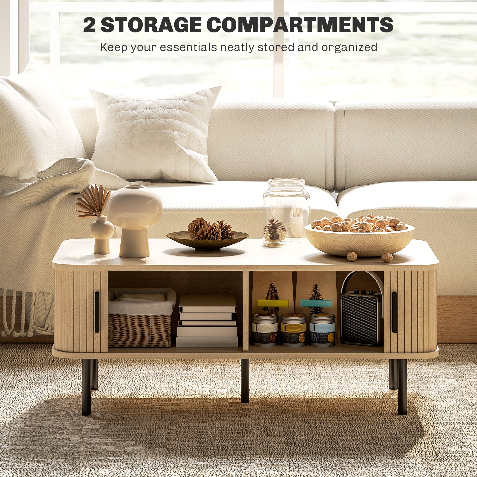 Coffee Table with Storage, Nordic Side Table with Fluted Tambour Sliding Doors and Steel Legs for Living Room, Oak-Home Furnishings > Living Room Furniture > Coffee Tables-DECOROLALA