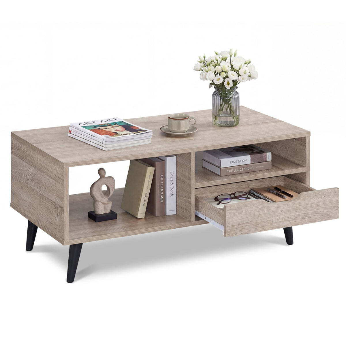 Coffee Table with Storage Rustic Rectangle Center Table-Natural-Coffee Tables-DECOROLALA