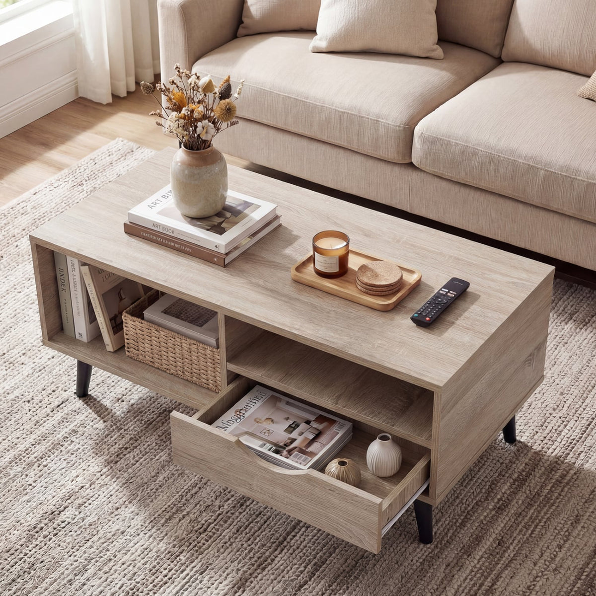 Coffee Table with Storage Rustic Rectangle Center Table-Natural-Coffee Tables-DECOROLALA