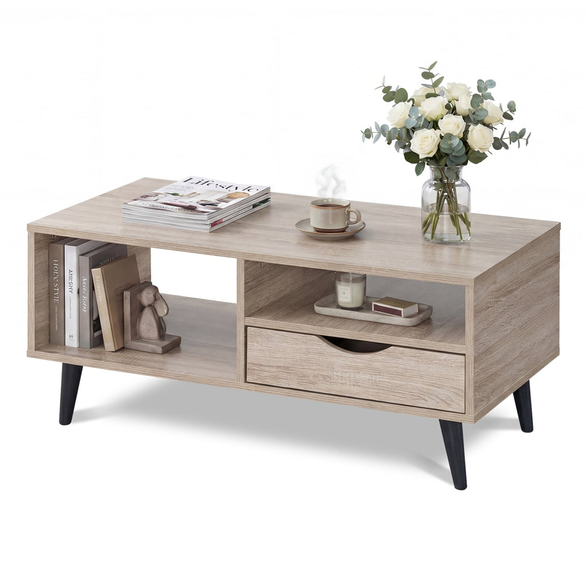 Coffee Table with Storage Rustic Rectangle Center Table-Natural-Coffee Tables-DECOROLALA