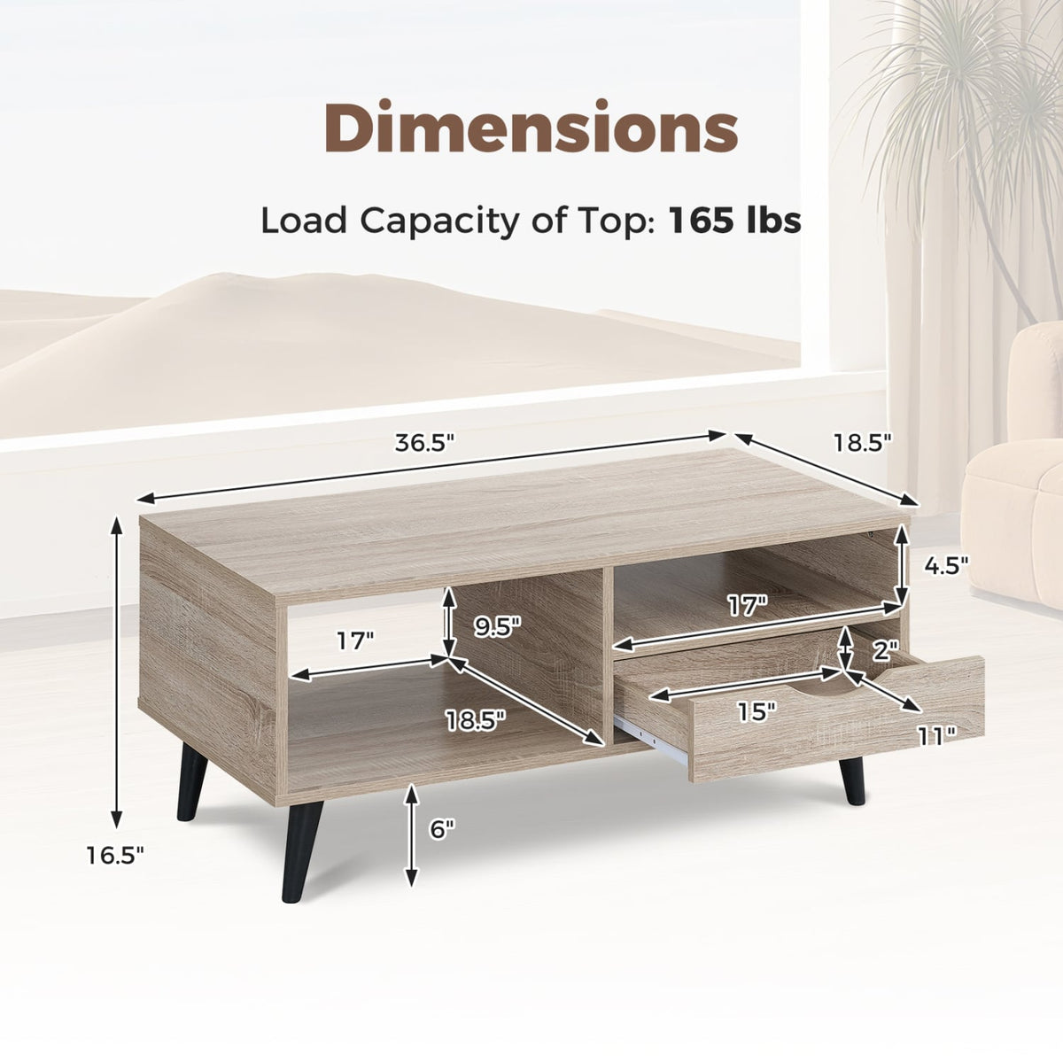 Coffee Table with Storage Rustic Rectangle Center Table-Natural-Coffee Tables-DECOROLALA