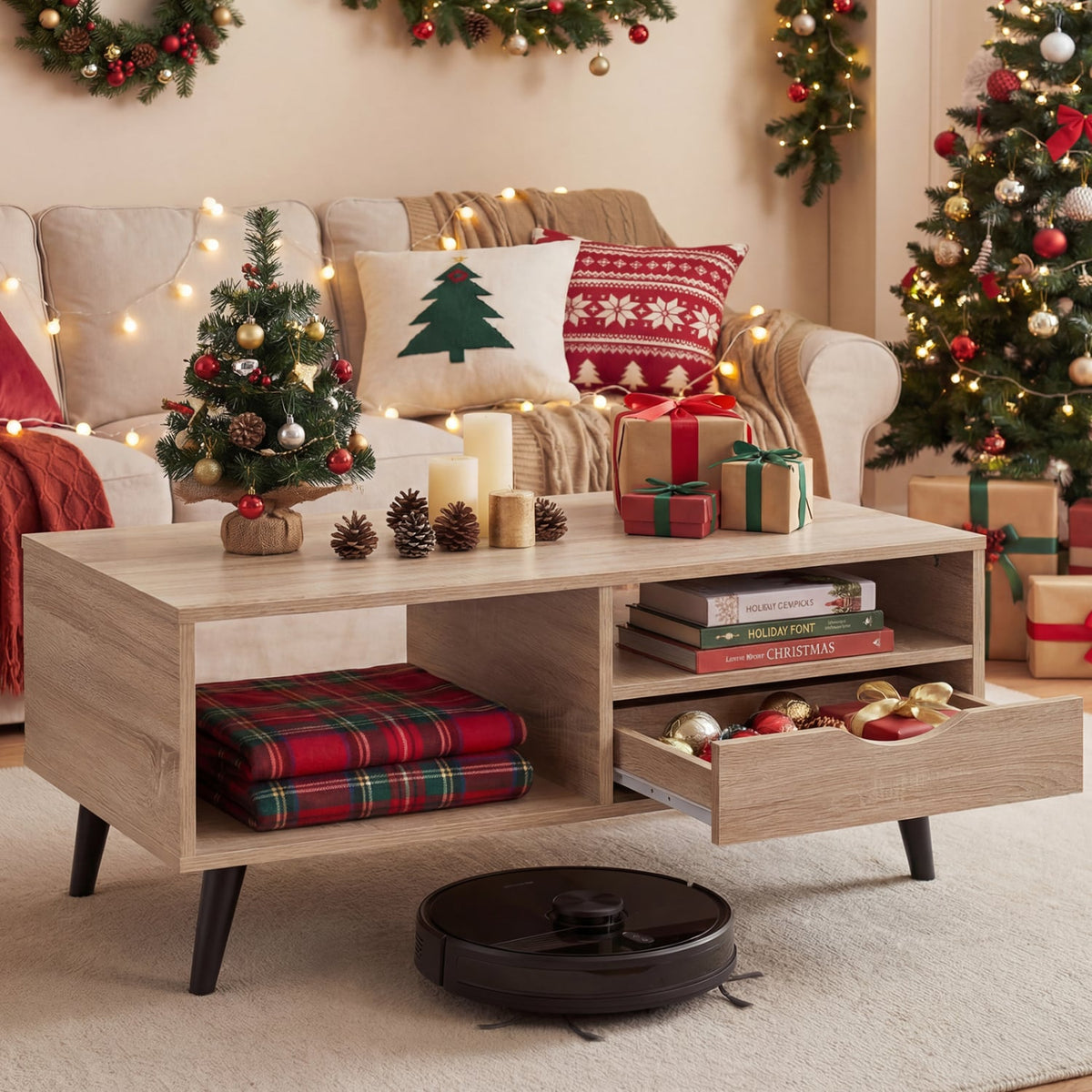 Coffee Table with Storage Rustic Rectangle Center Table-Natural-Coffee Tables-DECOROLALA