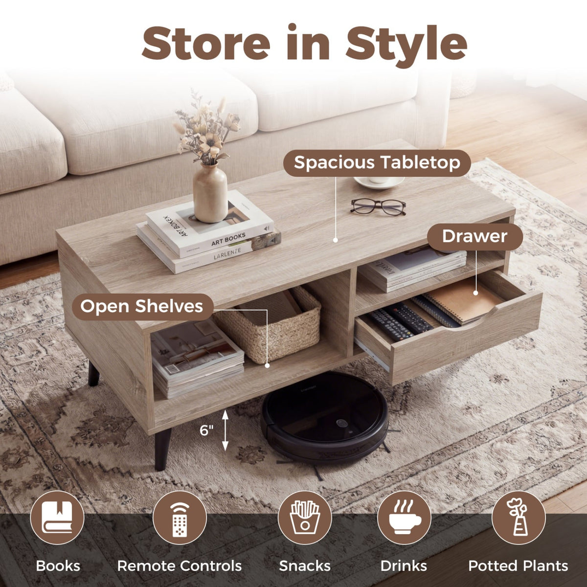 Coffee Table with Storage Rustic Rectangle Center Table-Natural-Coffee Tables-DECOROLALA